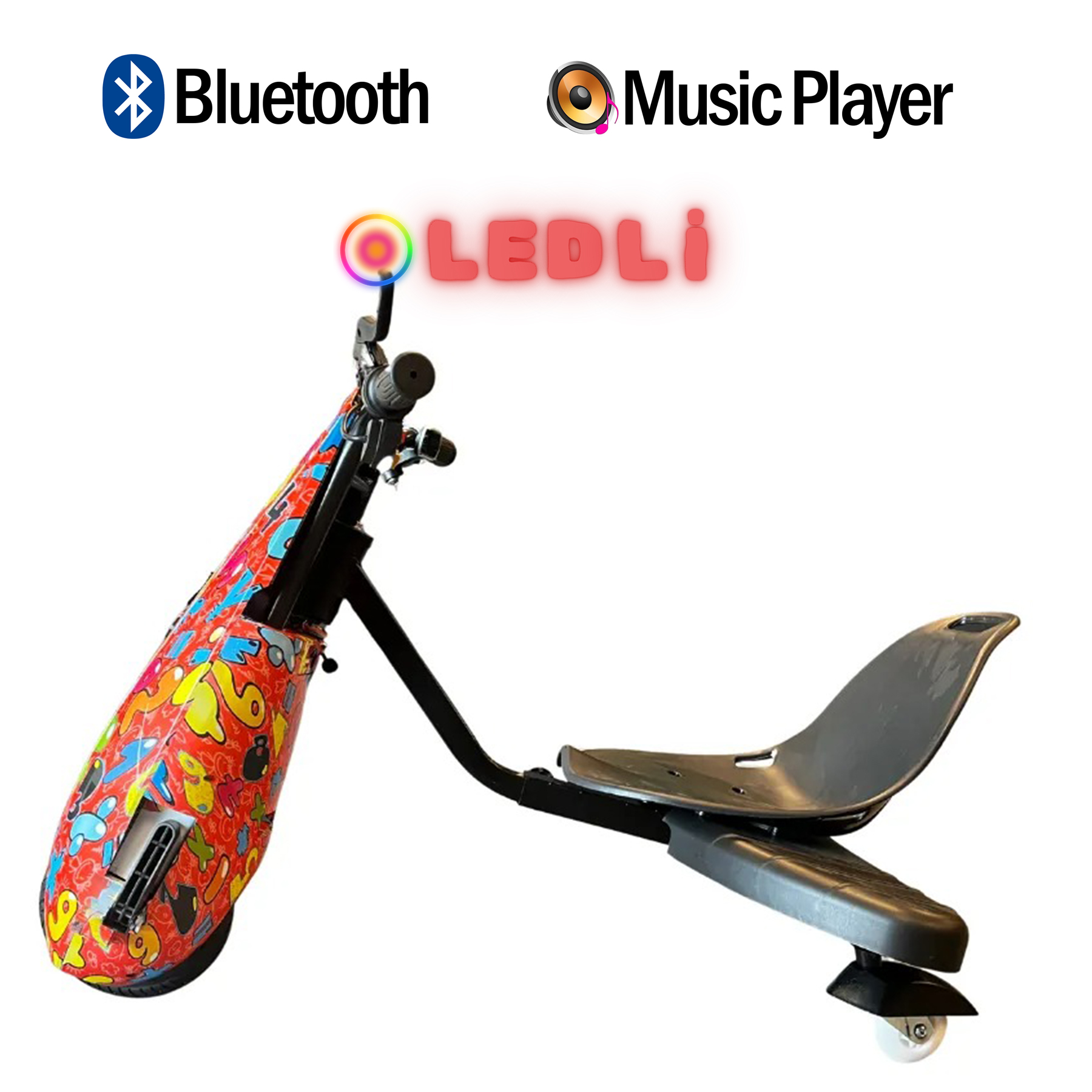 Bluetooth ve müzik çalar özellikli renkli bir scooter.