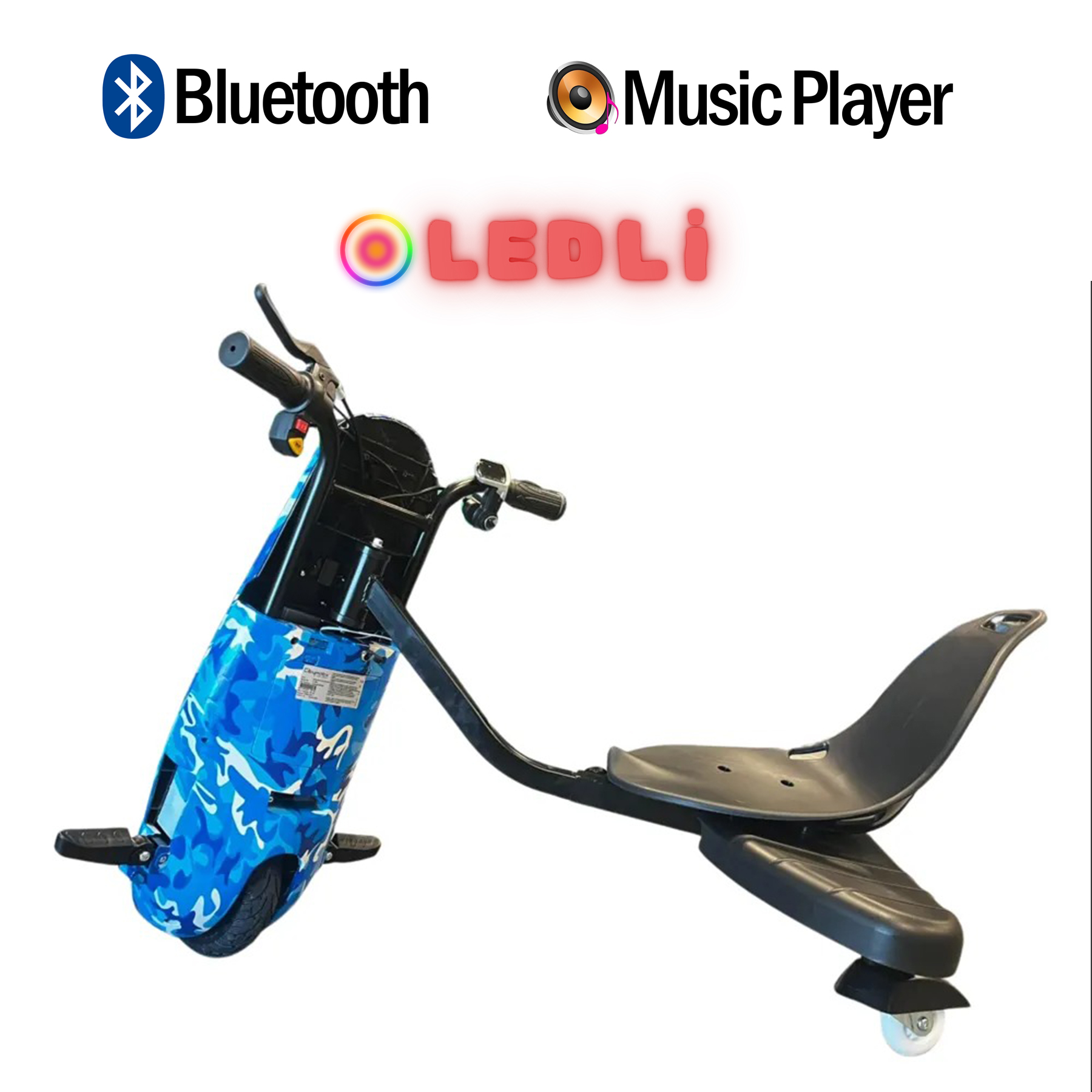 Mavi kamuflaj desenli drift kart, Bluetooth ve müzik çalar simgeleri.