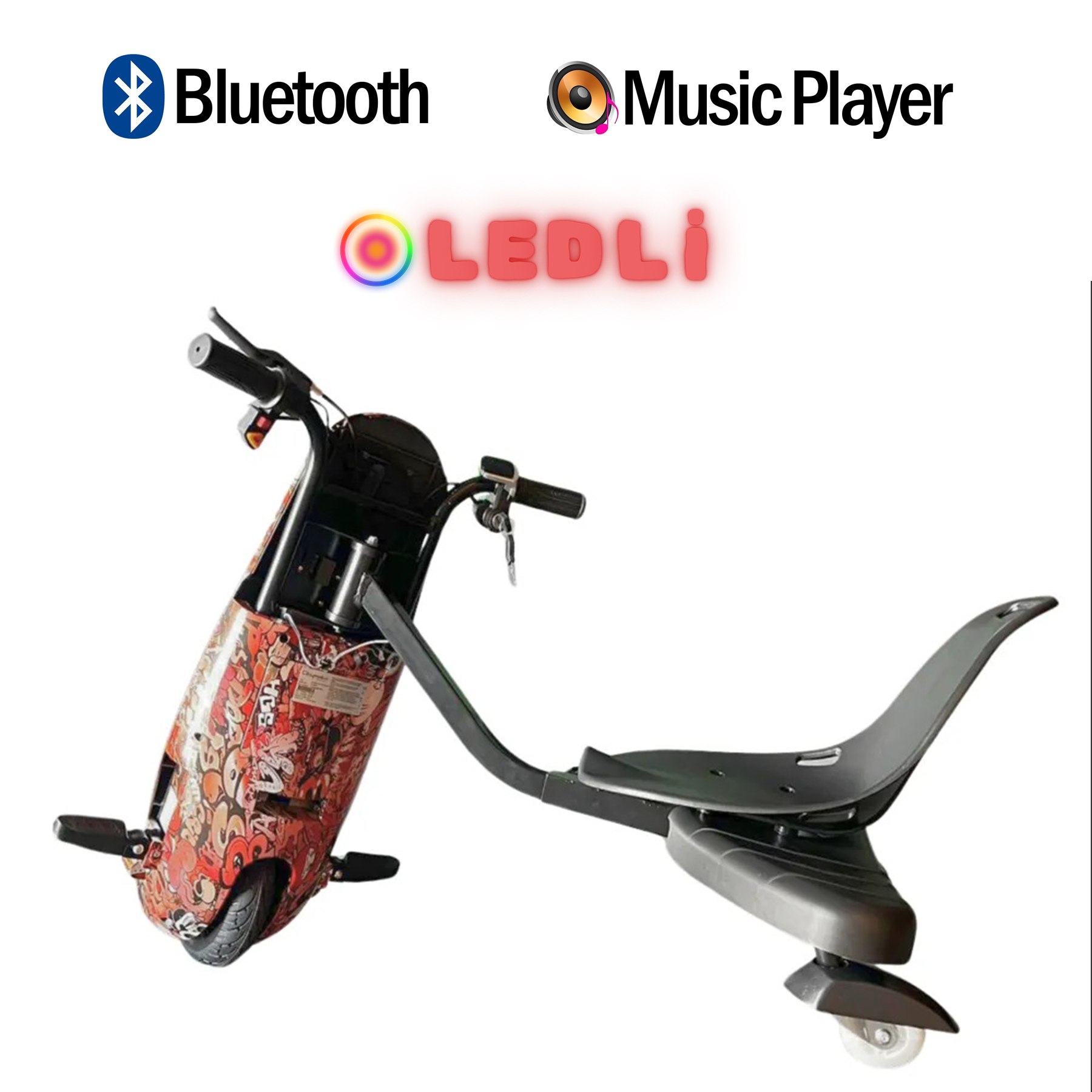 Bluetooth ve Müzik Çalar logolu, kırmızı grafitili elektrikli scooter.