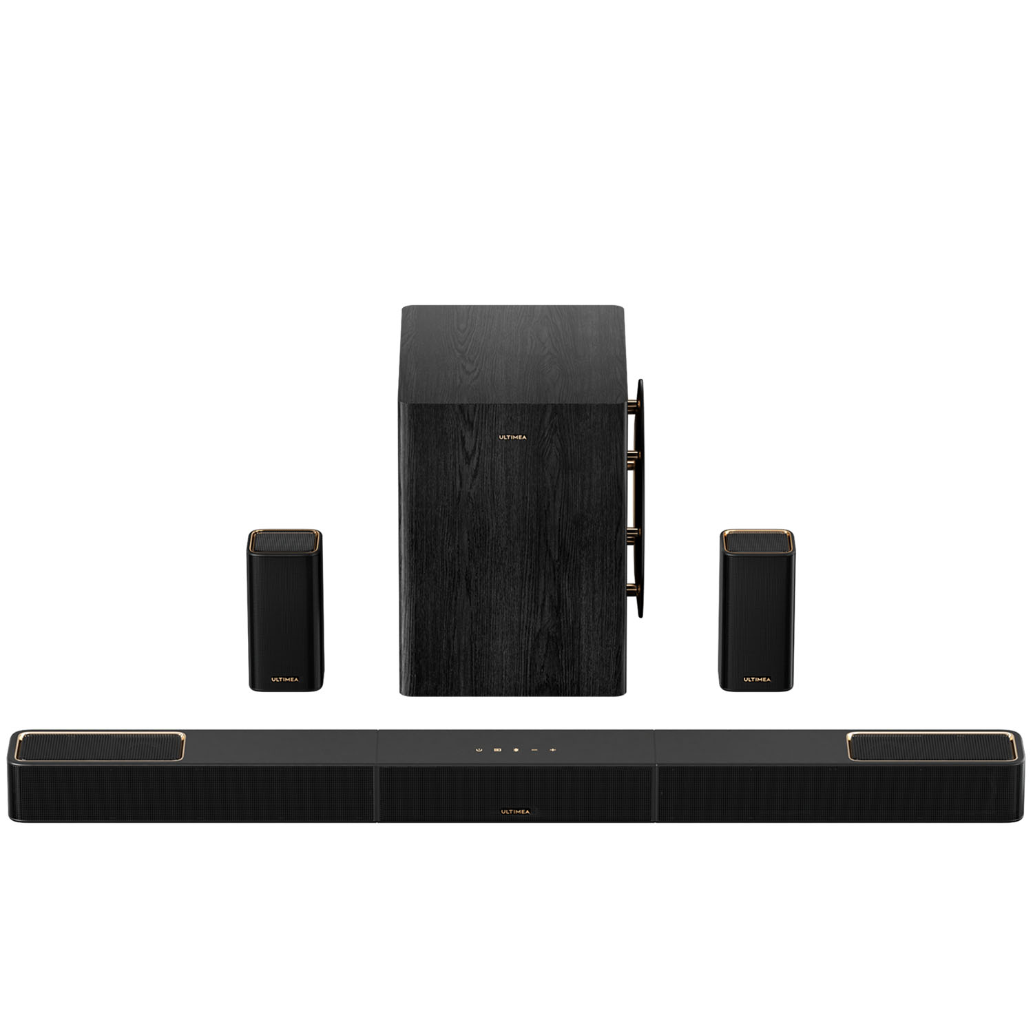 Czarny soundbar z dwoma głośnikami satelitarnymi i subwooferem, wszystkie ze złotymi akcentami.