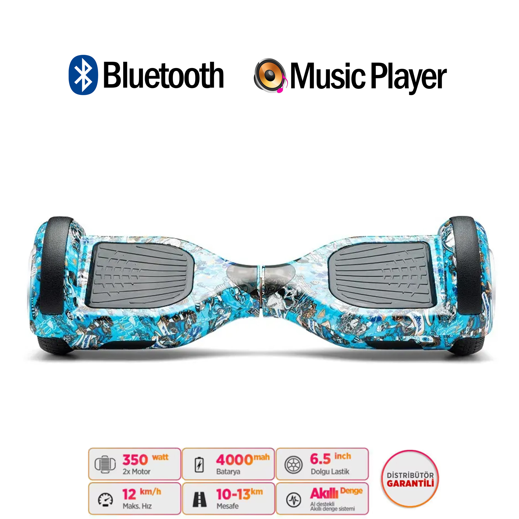 Kurukafa desenli mavi hoverboard, Bluetooth ve müzik çalar simgeleri.