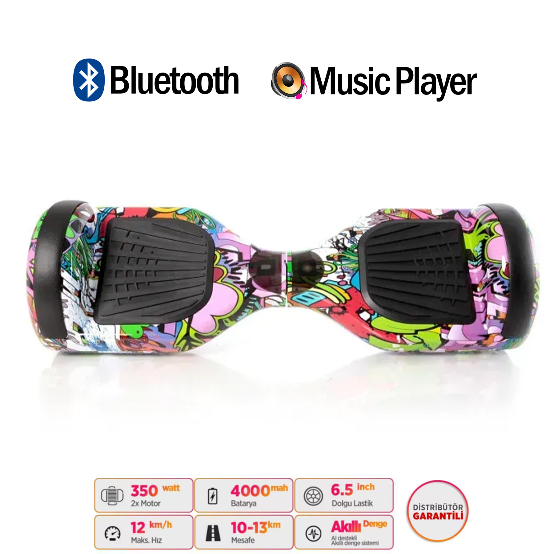 Bluetooth ve müzik çalar özellikli renkli hoverboard.