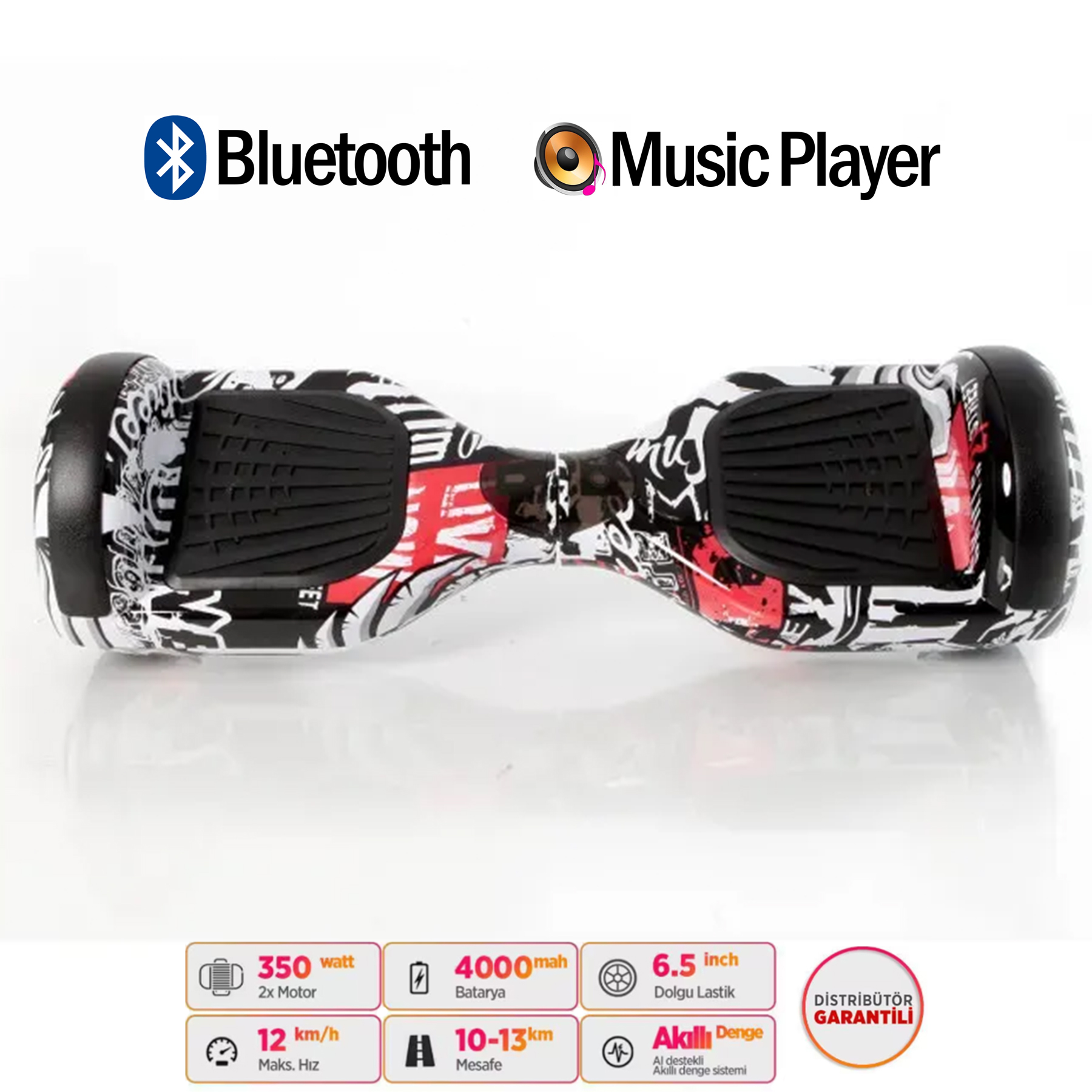Bluetooth müzik çalarlı hoverboard, 350W, 12km/s, 4000mAh, 6,5 inç.