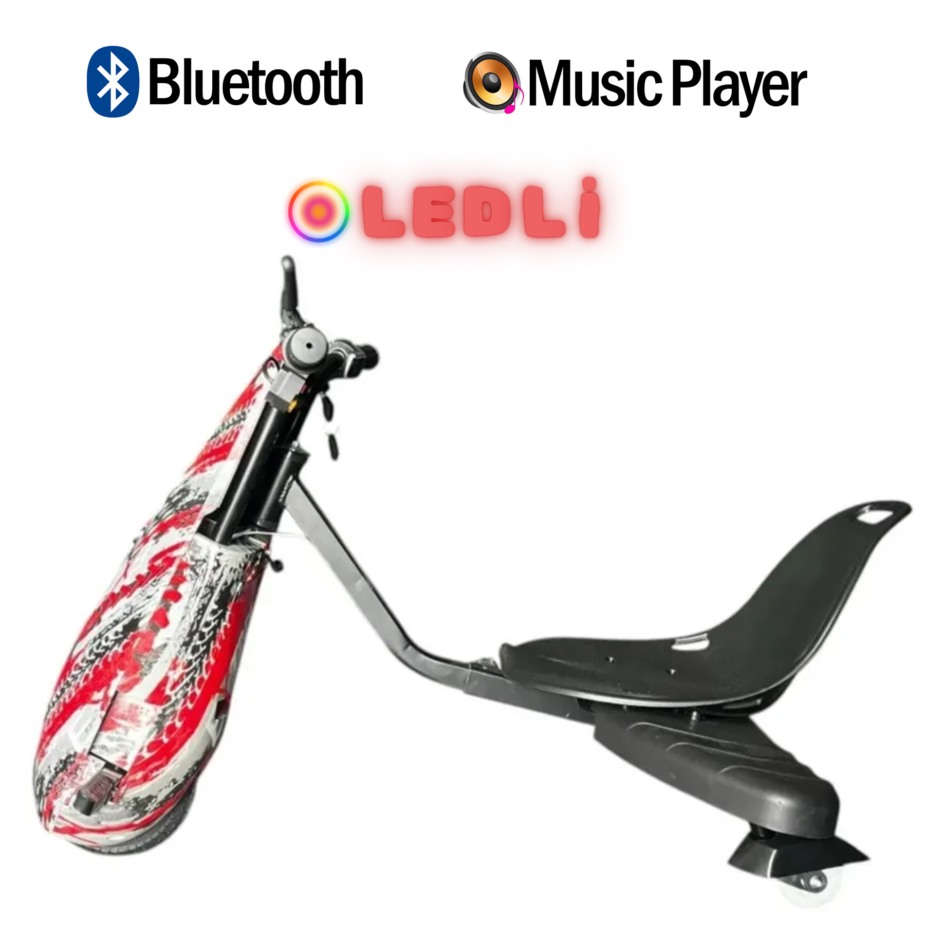 Bluetooth ve müzik çalar özellikli üç tekerlekli scooter.