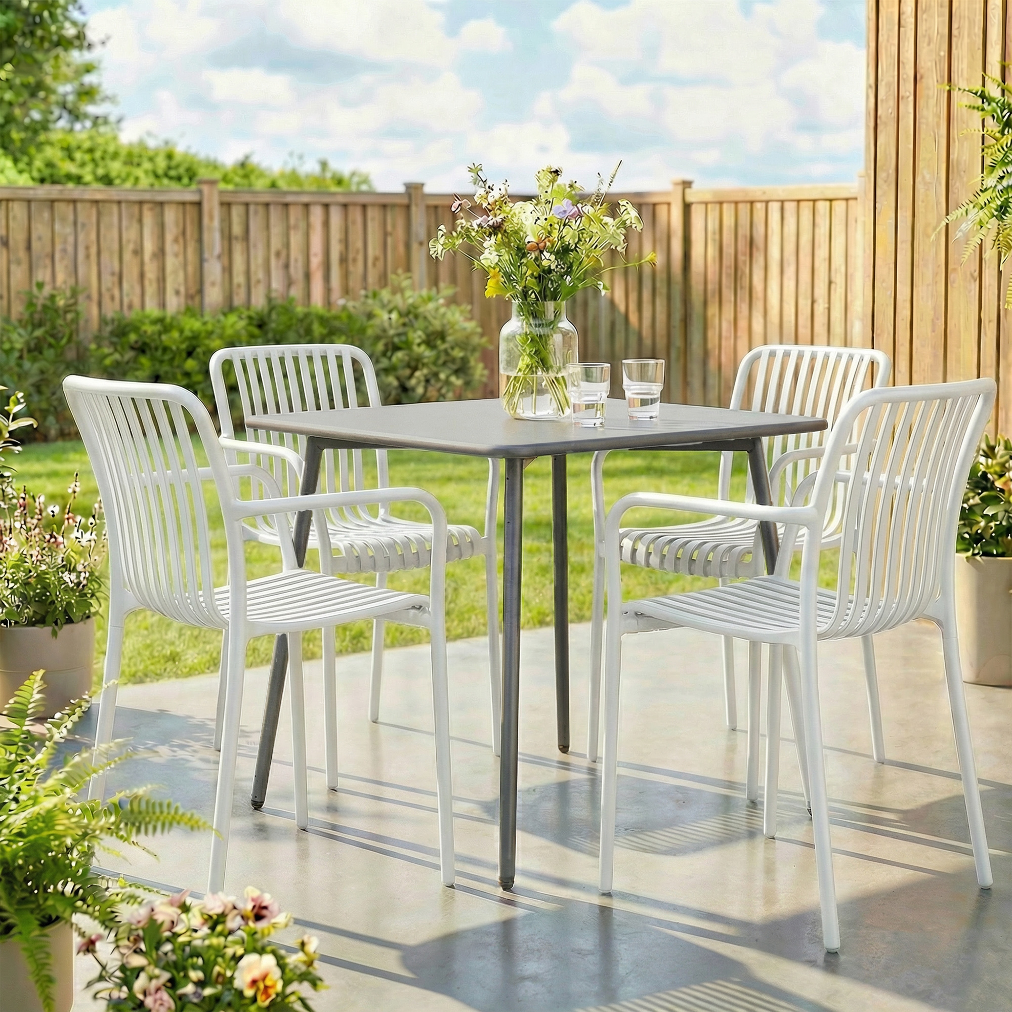 Conjunto de comedor exterior moderno con mesa cuadrada, cuatro sillas blancas, flores y vasos.