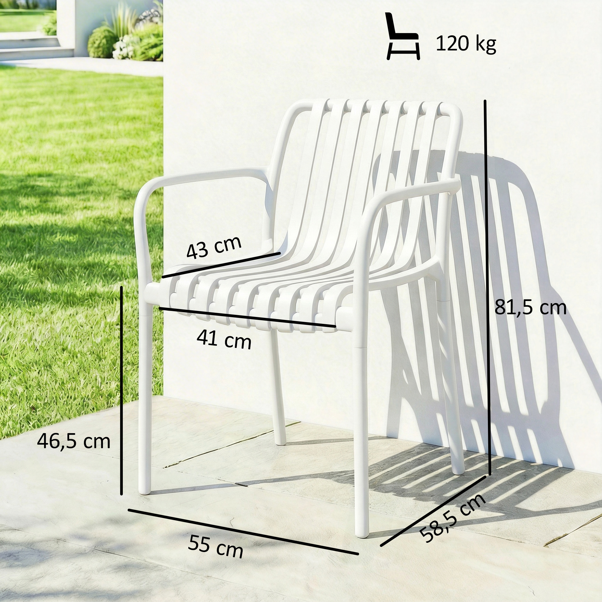 Silla de jardín blanca con dimensiones 81,5cm Al, 58,5cm An, 46,5cm Pr, capacidad 120kg.