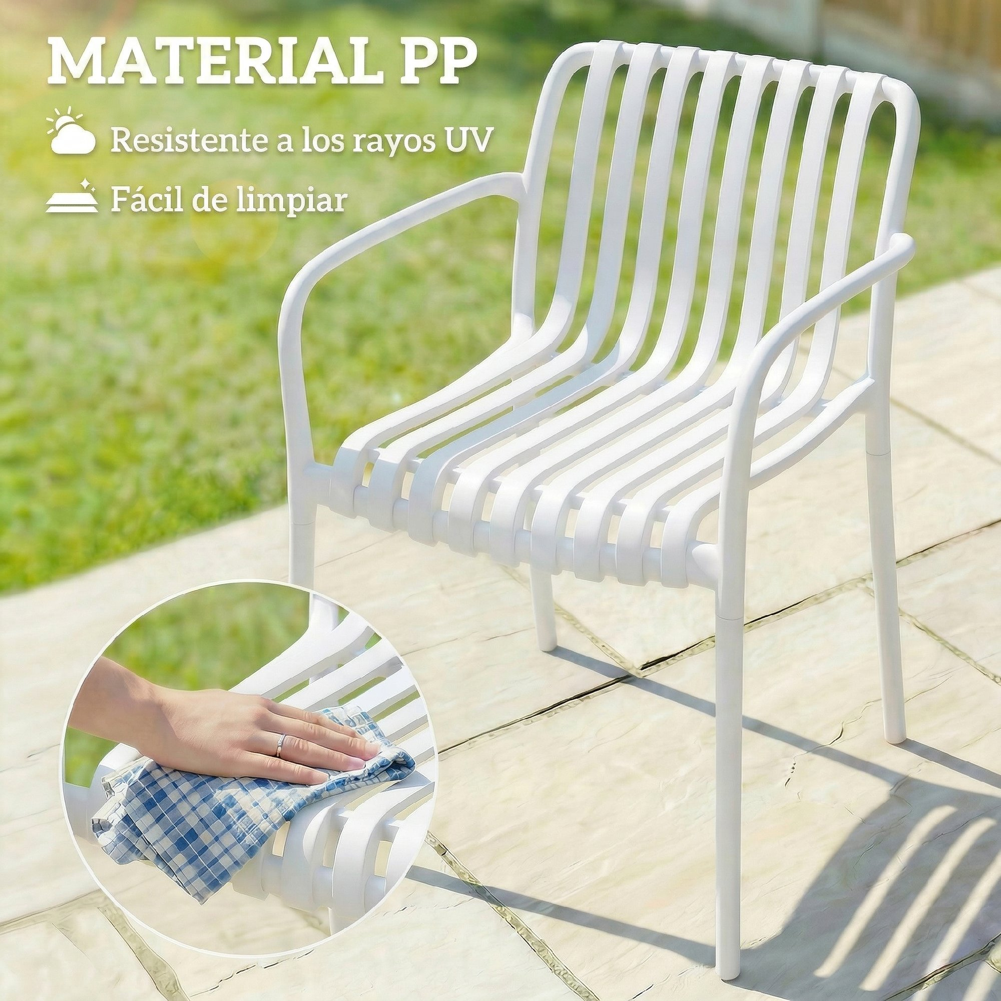 Una silla de plástico blanca con listones y reposabrazos en un patio.