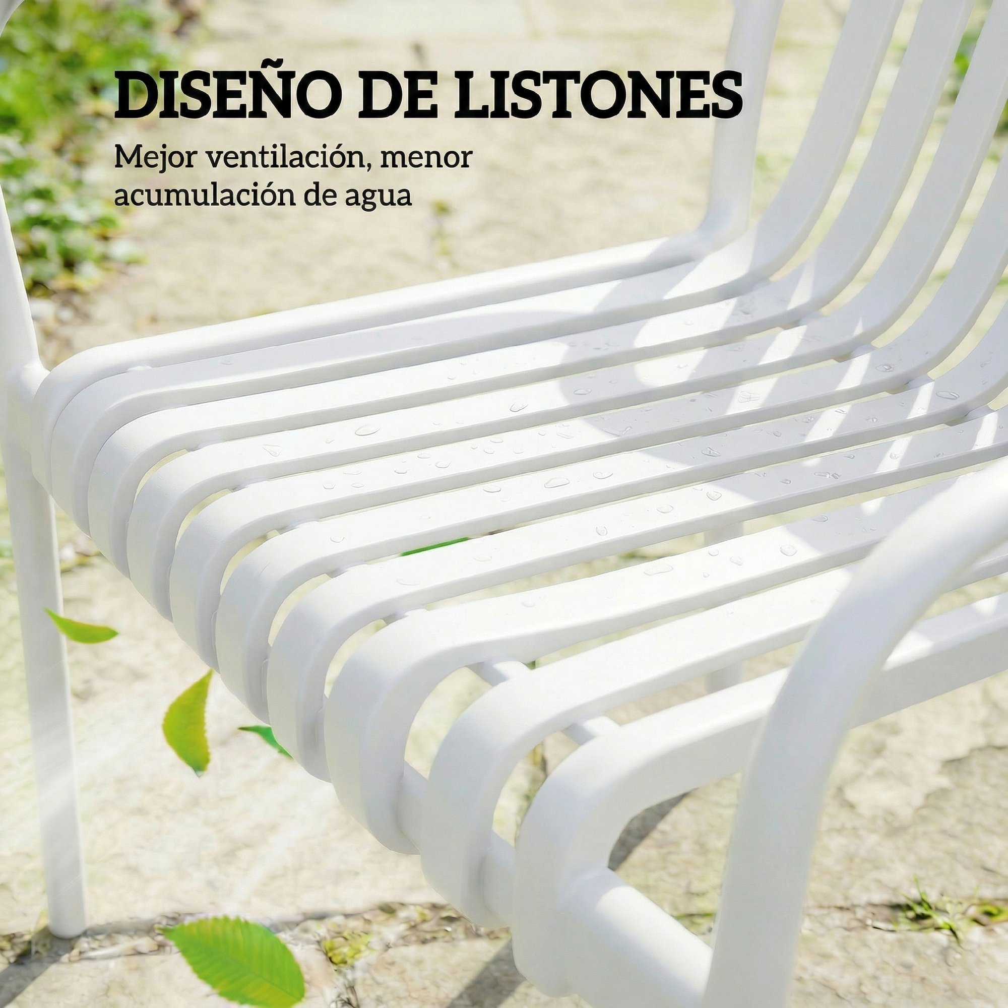 Exterior de silla blanca de listones con gotas de lluvia y hojas verdes.