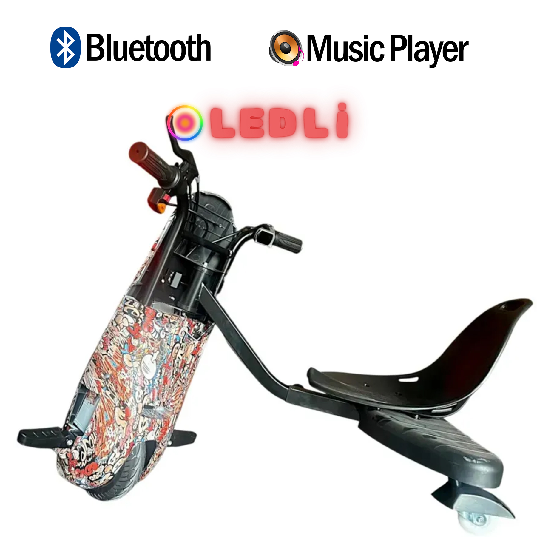 Bluetooth, müzik çalar, LED ekran ve renkli grafik baskılı elektrikli scooter.