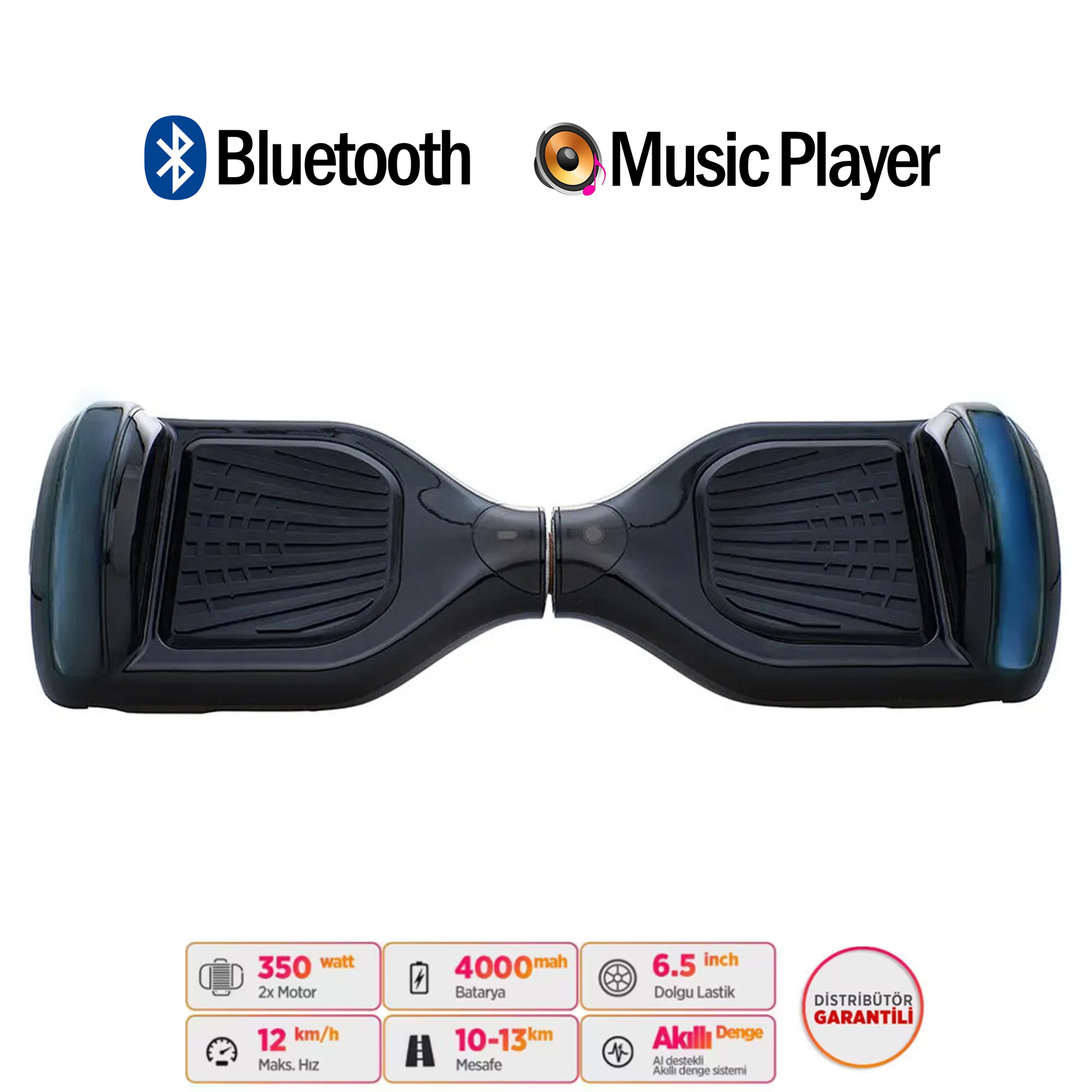 Bluetooth ve müzik çalar özellikli siyah hoverboard, 350W, 4000mAh, 6,5 inç tekerlekler.