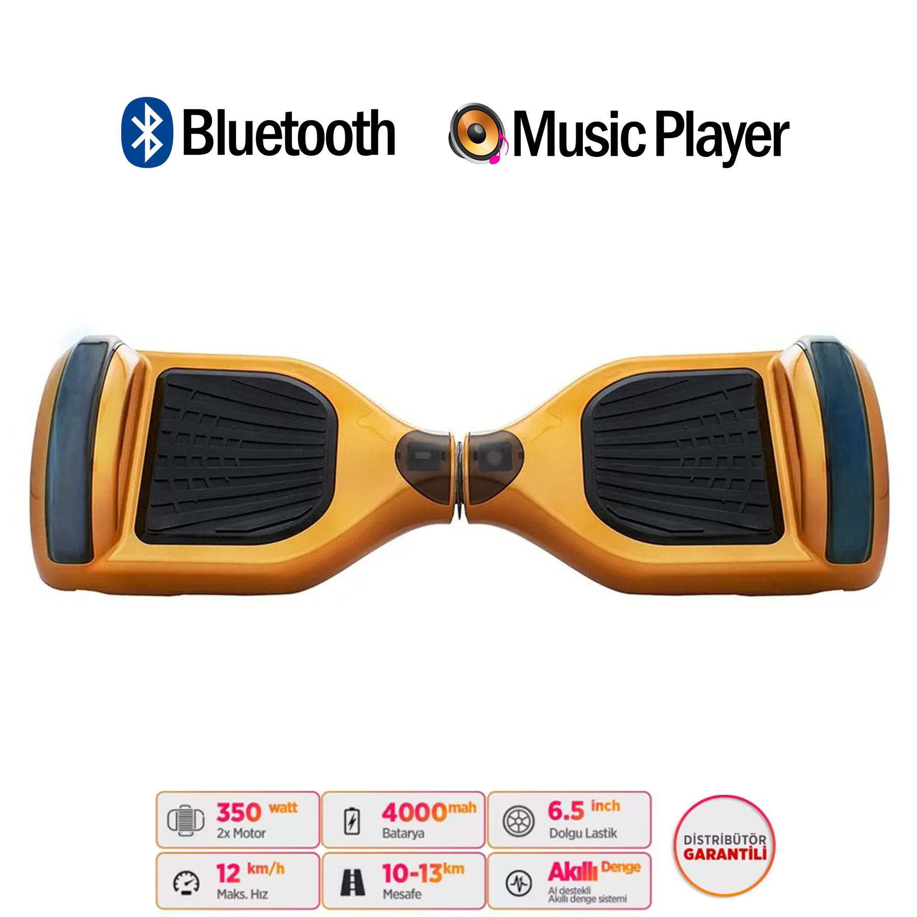 Siyah ayak basma alanları ve mavi ışıkları olan altın rengi hoverboard. Özellikler aşağıdadır.