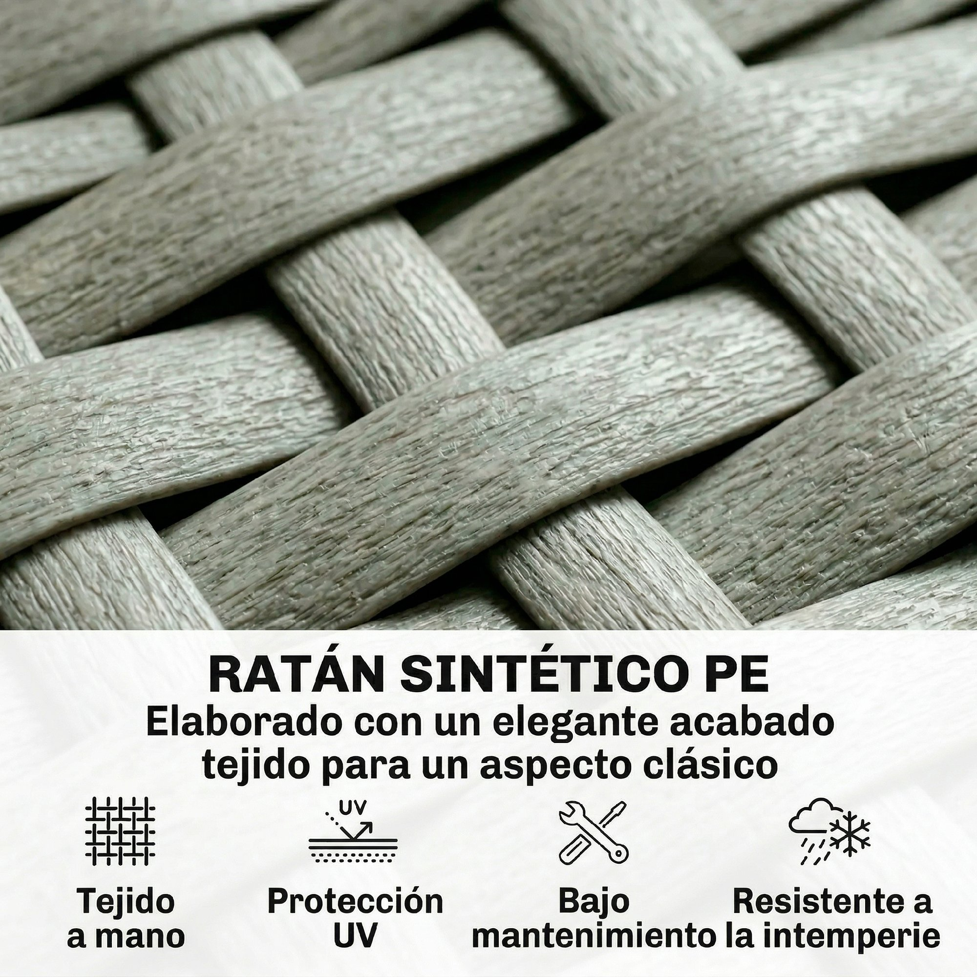 Primer plano de material tejido con iconos de artesanía, protección UV y resistencia a la intemperie.