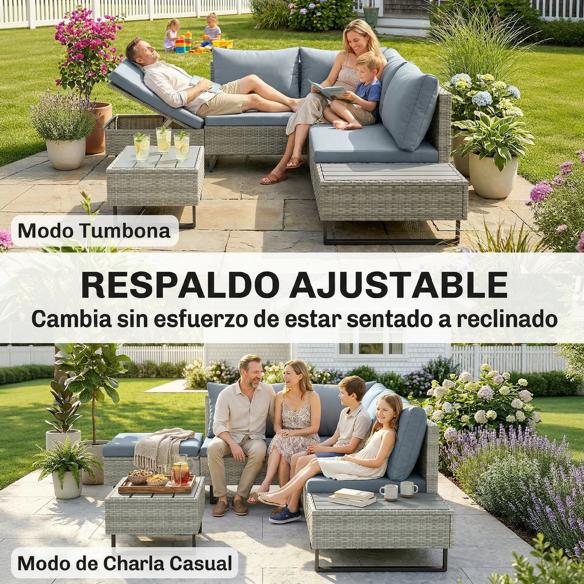 Familia en sofá de jardín. Arriba, hombre relajándose. Abajo, familia sentada.