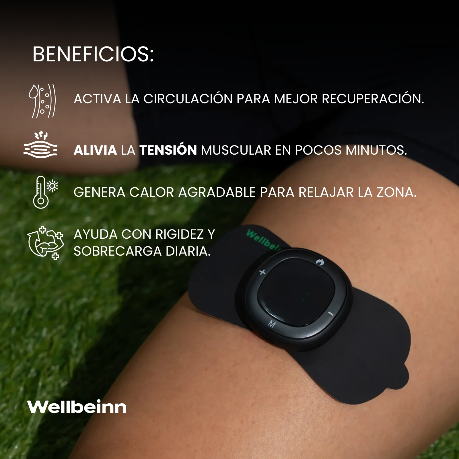 Un pequeño masajeador negro en una pierna, con texto detallando beneficios.