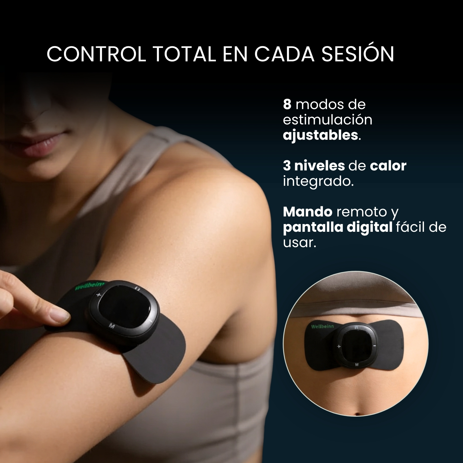 Una persona se aplica un dispositivo EMS negro en el brazo. Las características del producto se enumeran al lado.