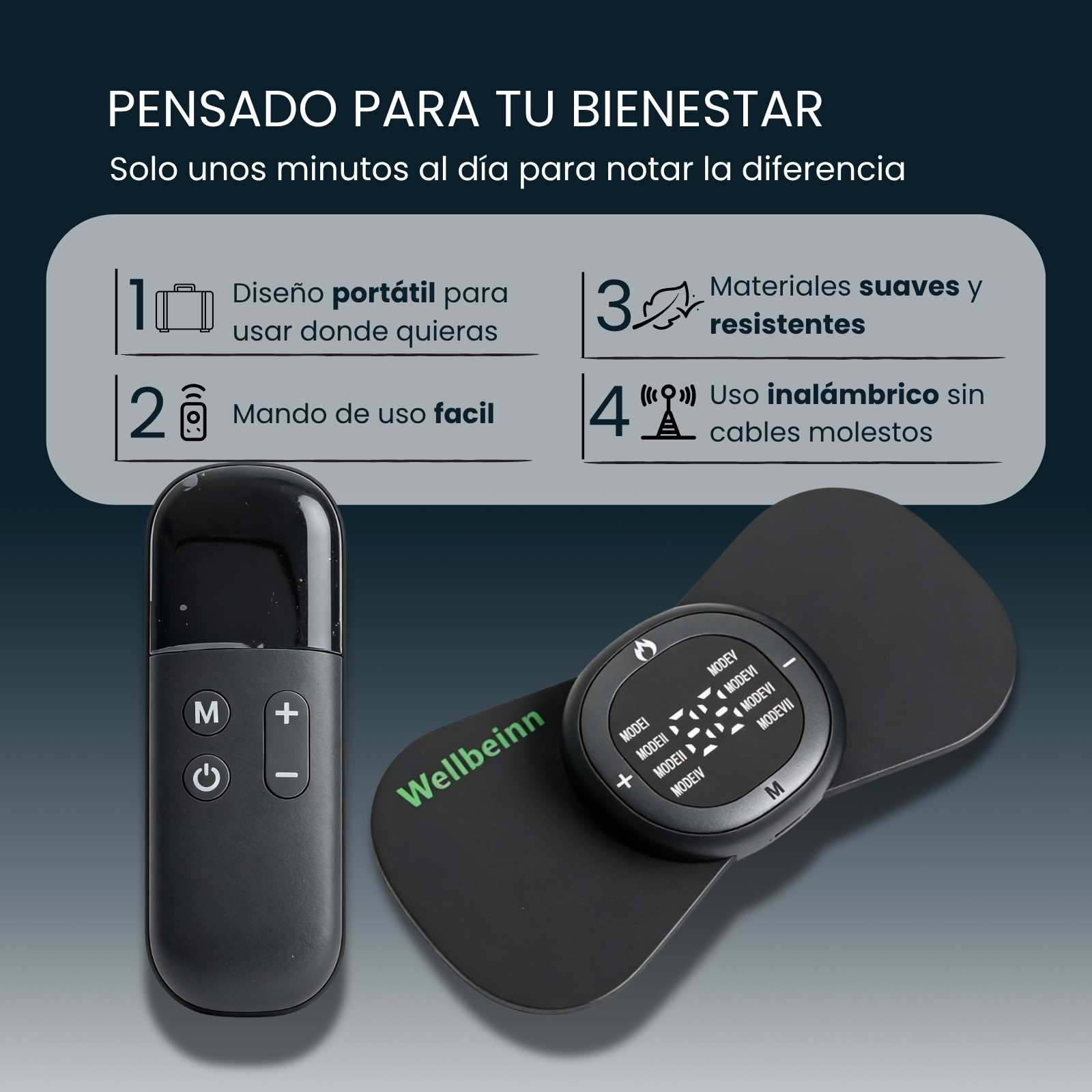 Un control remoto negro y un parche de masaje negro con pantalla digital yacen uno al lado del otro.