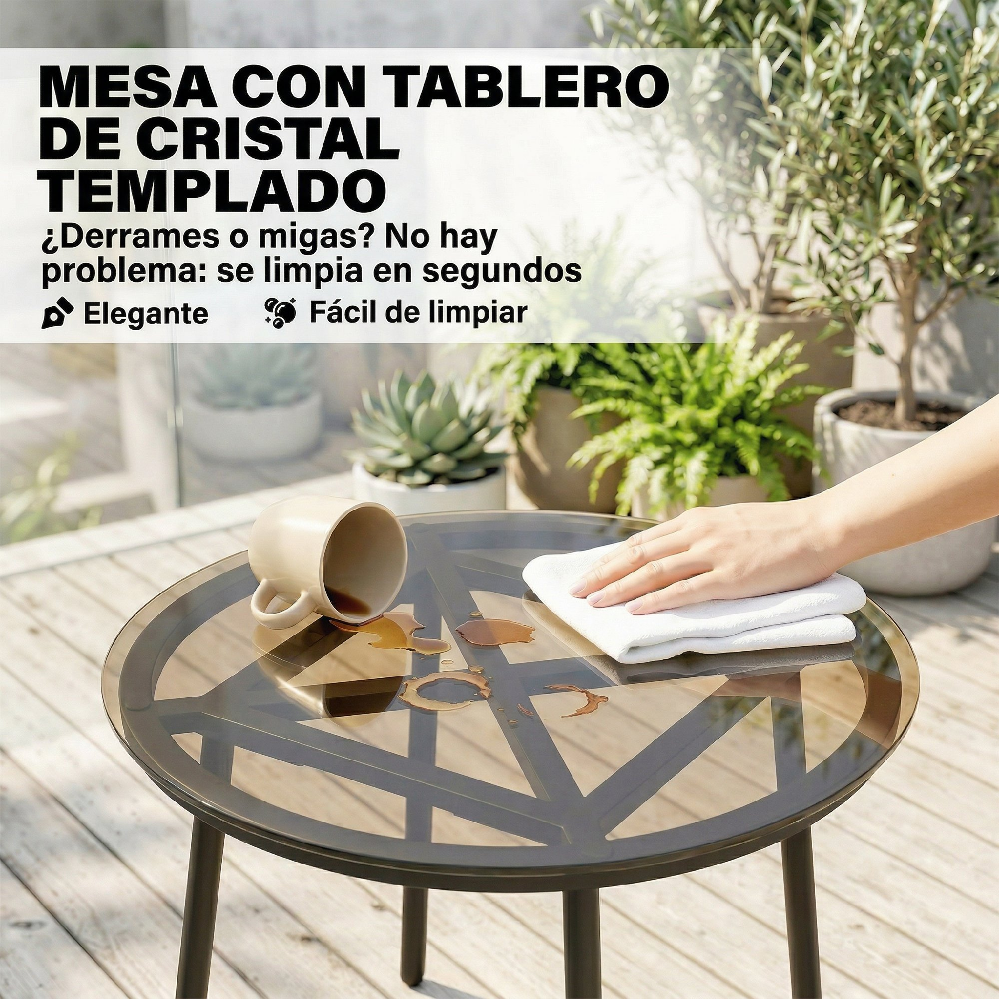 Una mano limpia un derrame de líquido de una mesa redonda de cristal con plantas.