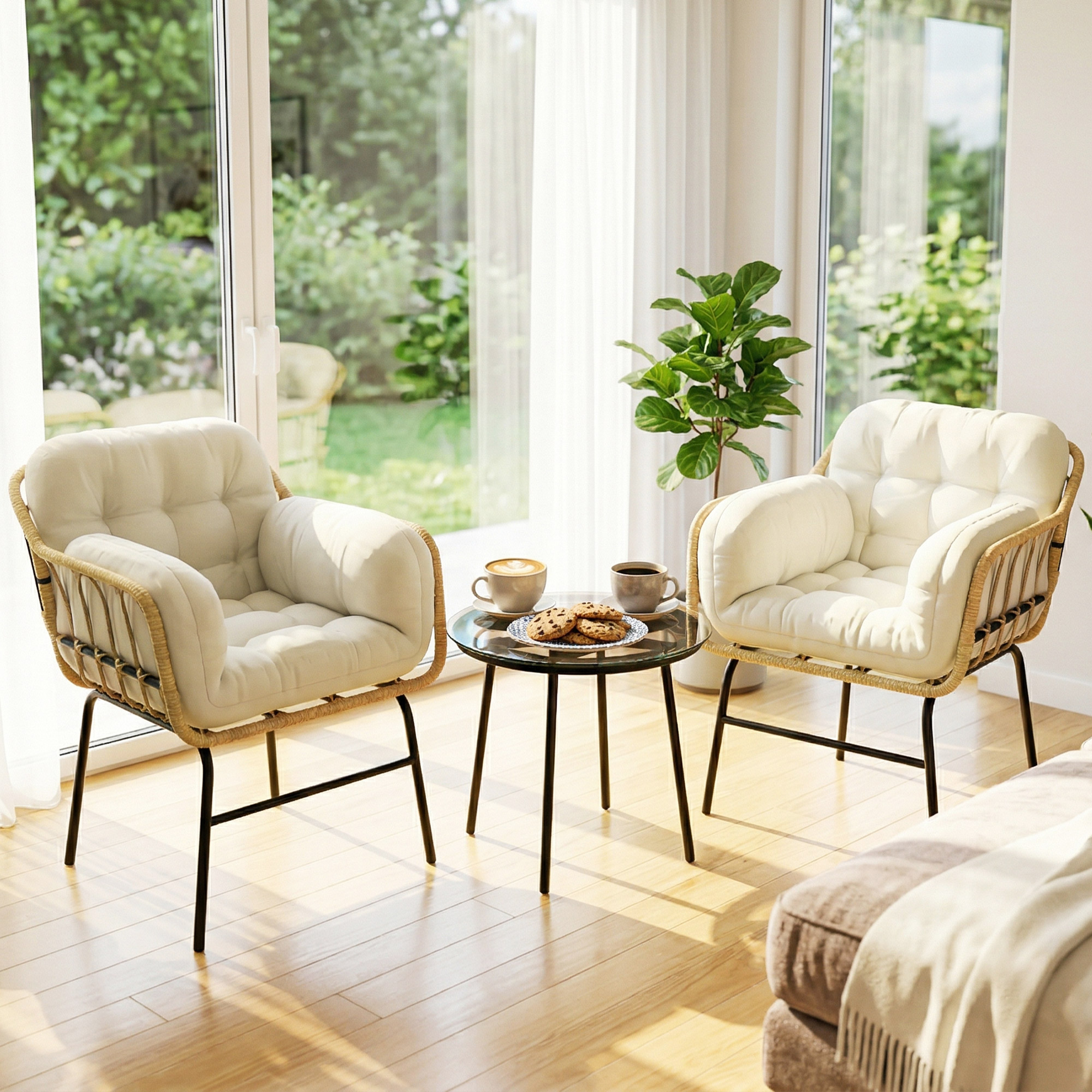 Dos sillones con café y galletas sobre una mesa de cristal.