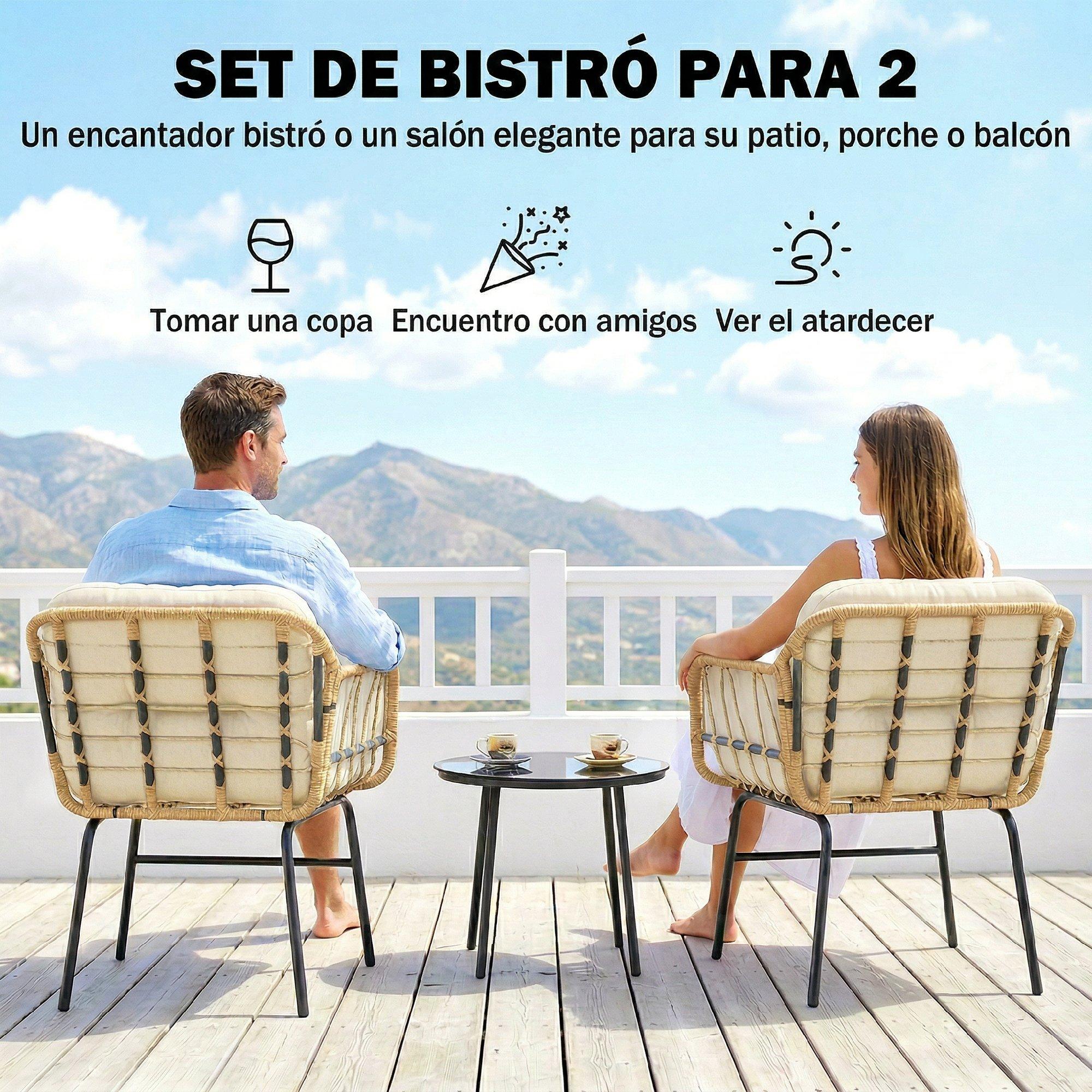 Hombre y mujer sentados en sillas de ratán en una terraza de madera con vistas a la montaña.