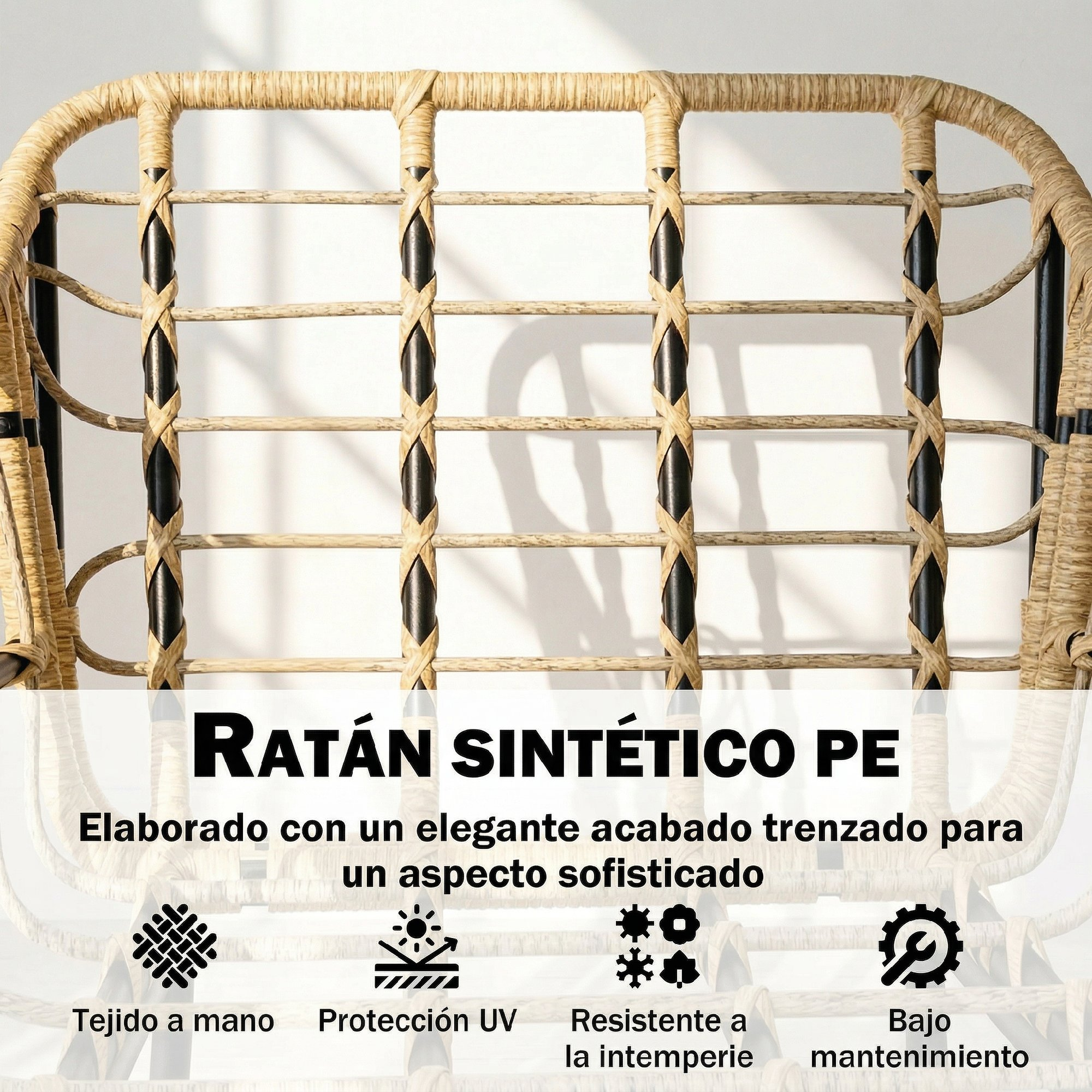 Primer plano de una silla de ratán PE con detalle tejido y texto.