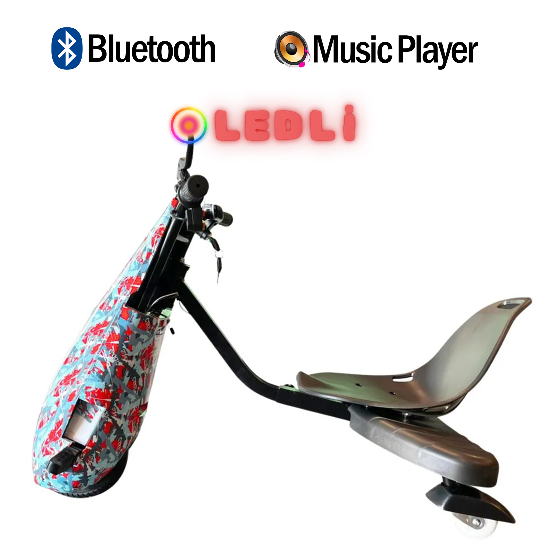 Bluetooth ve müzik çalar simgeleri ile üç tekerlekli scooter ve parlayan metin.