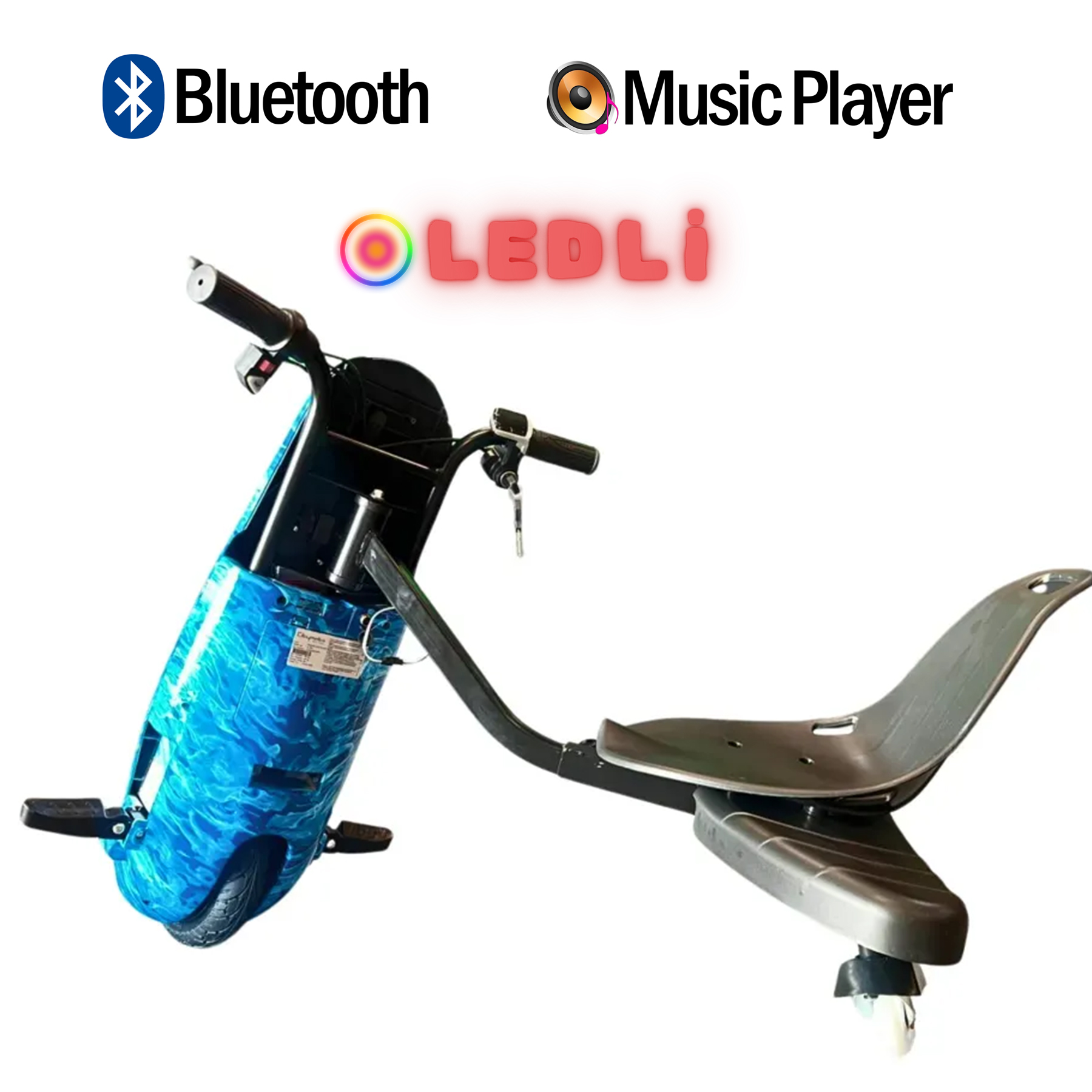 Mavi mermer desenli drift scooter, Bluetooth ve müzik çalar simgeleriyle.