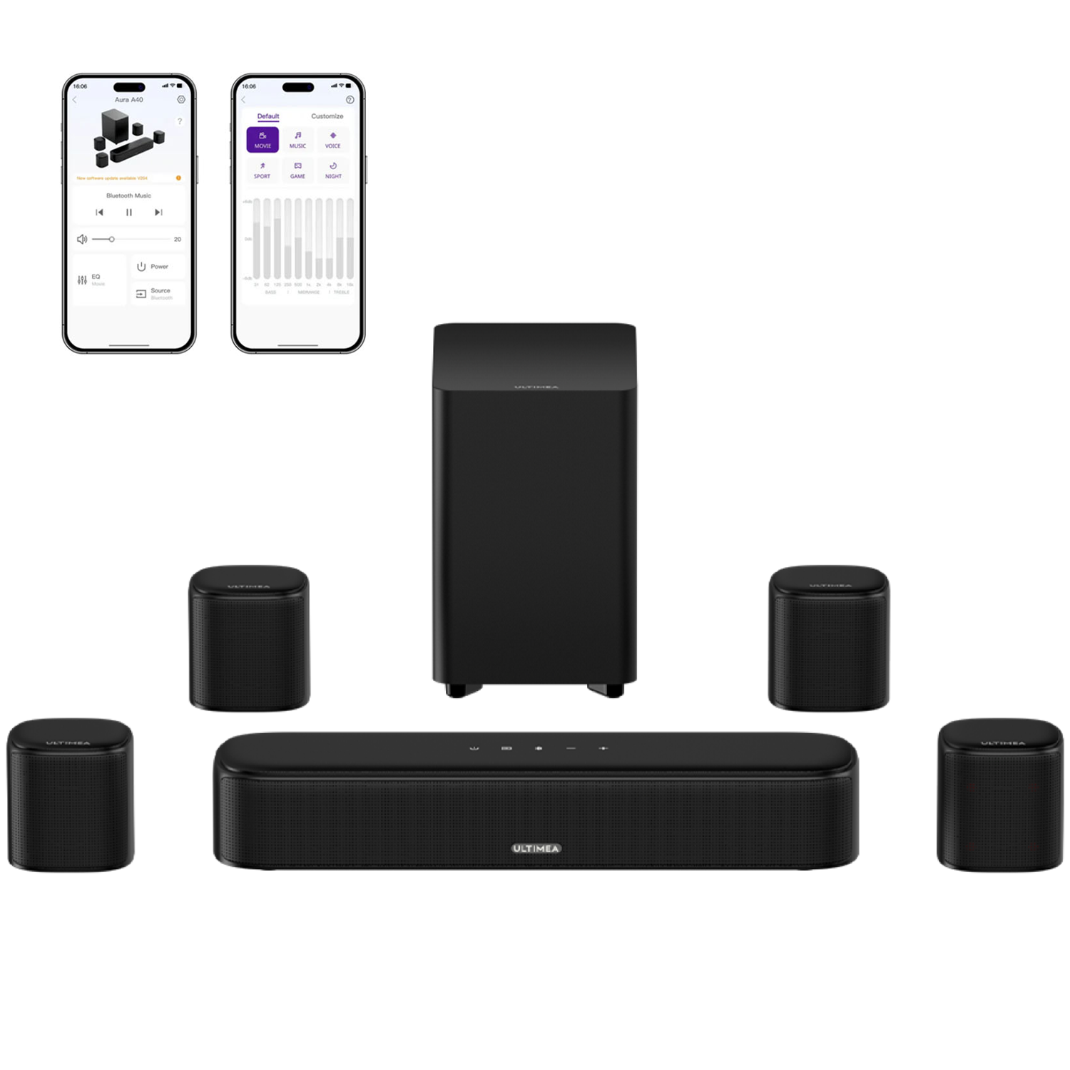 Czarna listwa dźwiękowa, subwoofer i cztery głośniki satelitarne z ekranami telefonów.