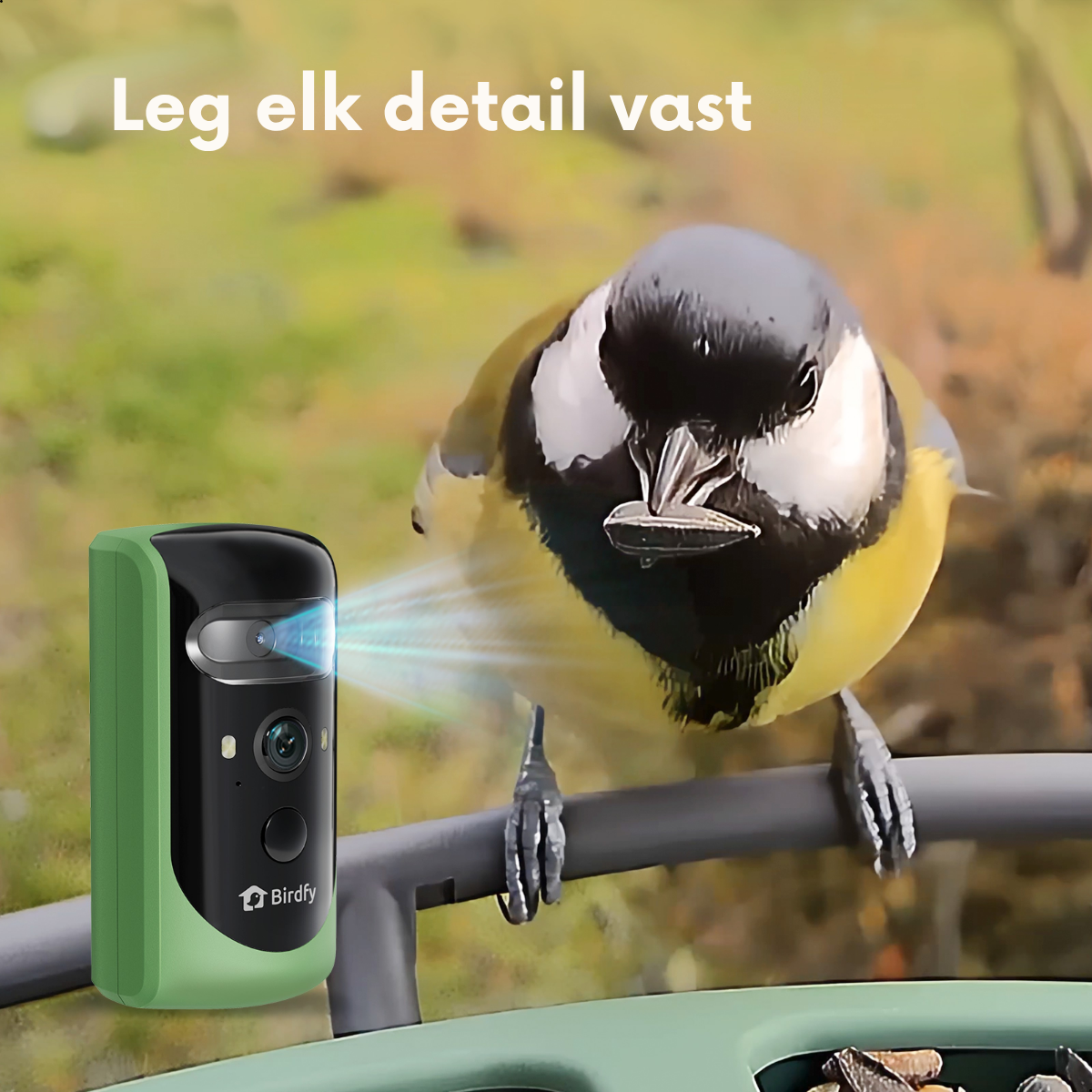Una cámara de comedero para pájaros captura un carbonero común comiendo una semilla.