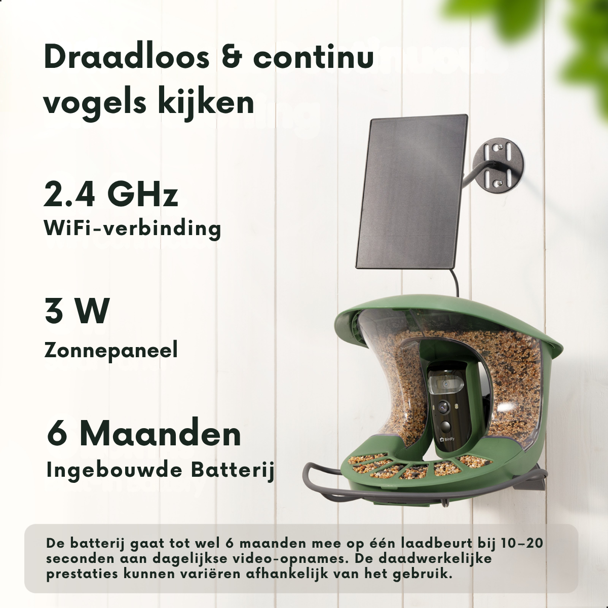 Comedero verde para pájaros con panel solar, cámara y semillas.