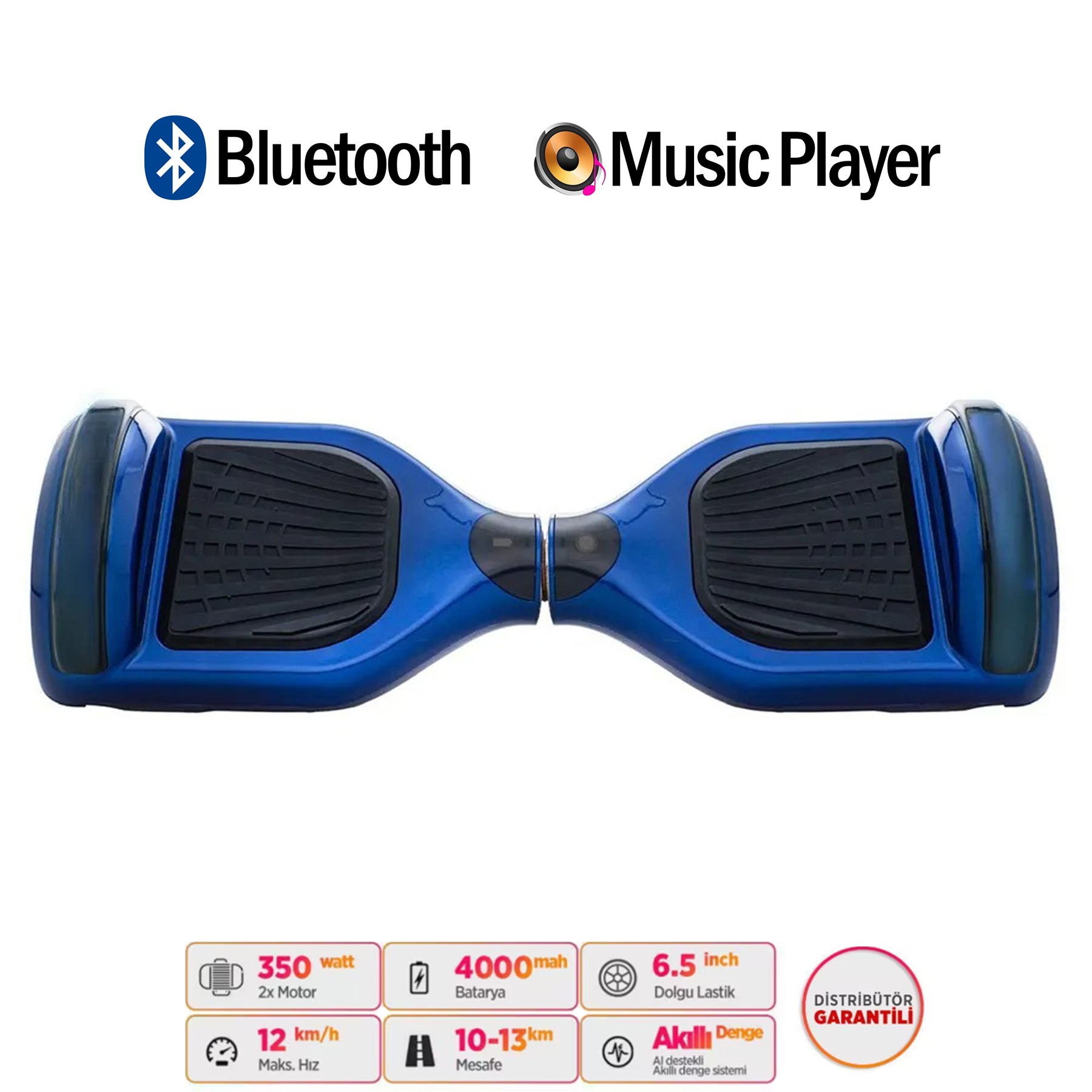 Bluetooth ve müzik çalar özellikli, siyah basamaklı mavi hoverboard.