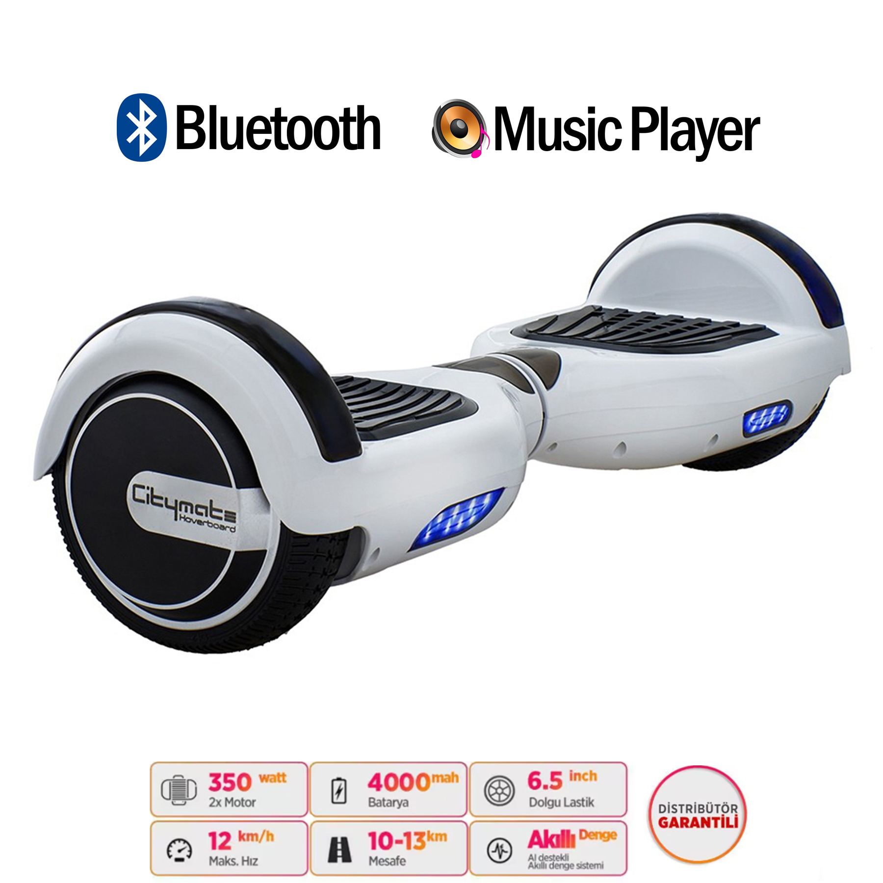 Mavi LED'li beyaz hoverboard, 350W, 12km/sa, 4000mAh batarya.