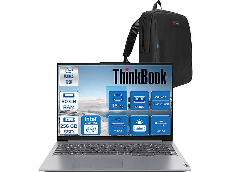 LENOVO ThinkBook 16 G7 IML WUXGA 300nits IPS 21MS005KTRF31 Intel Core Ultra 5 125U 80 GB RAM 256 GB SSD 16 inç FreeDOS Laptop Gri