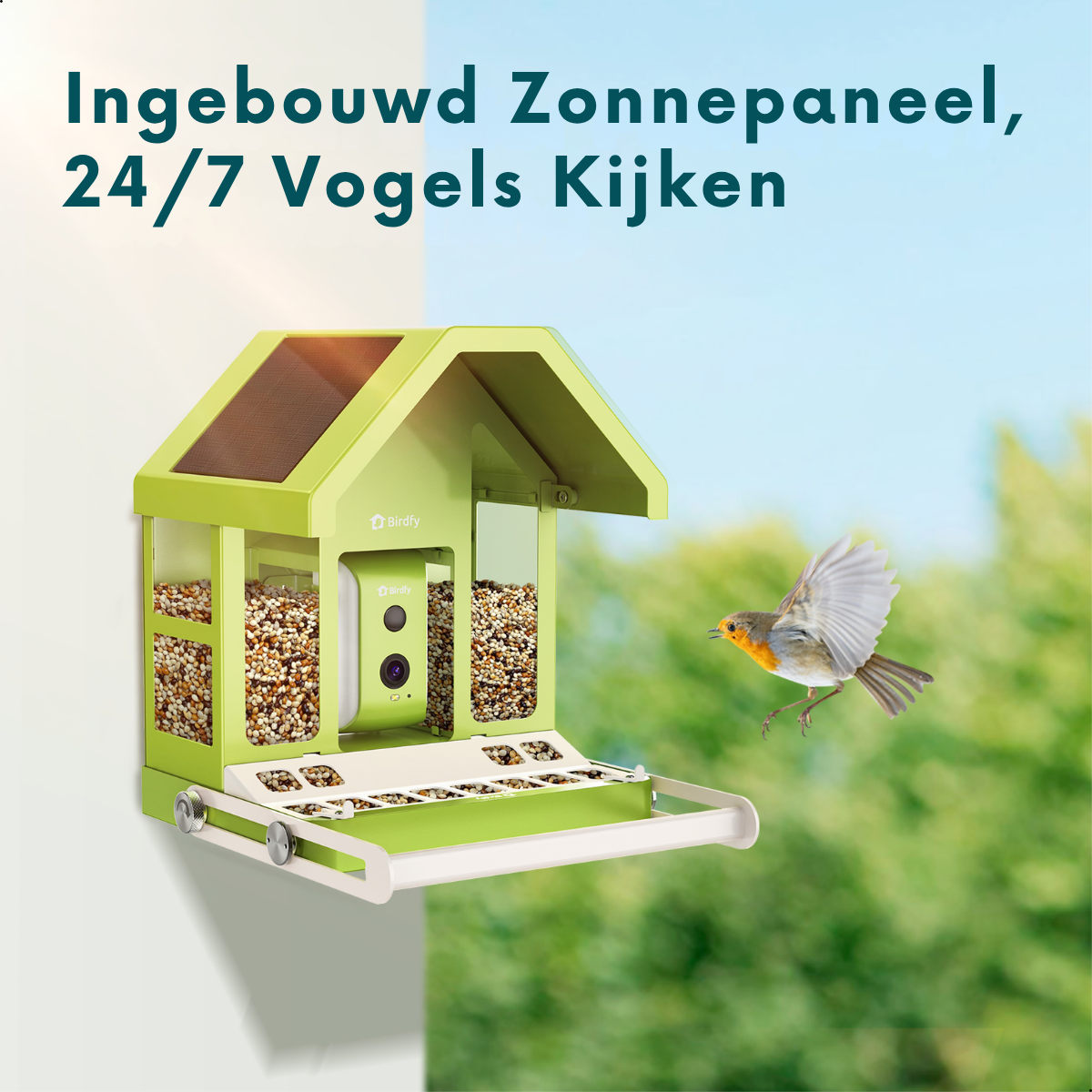 Una casa de pájaros verde brillante con cámara y panel solar integrados, un petirrojo vuela cerca.