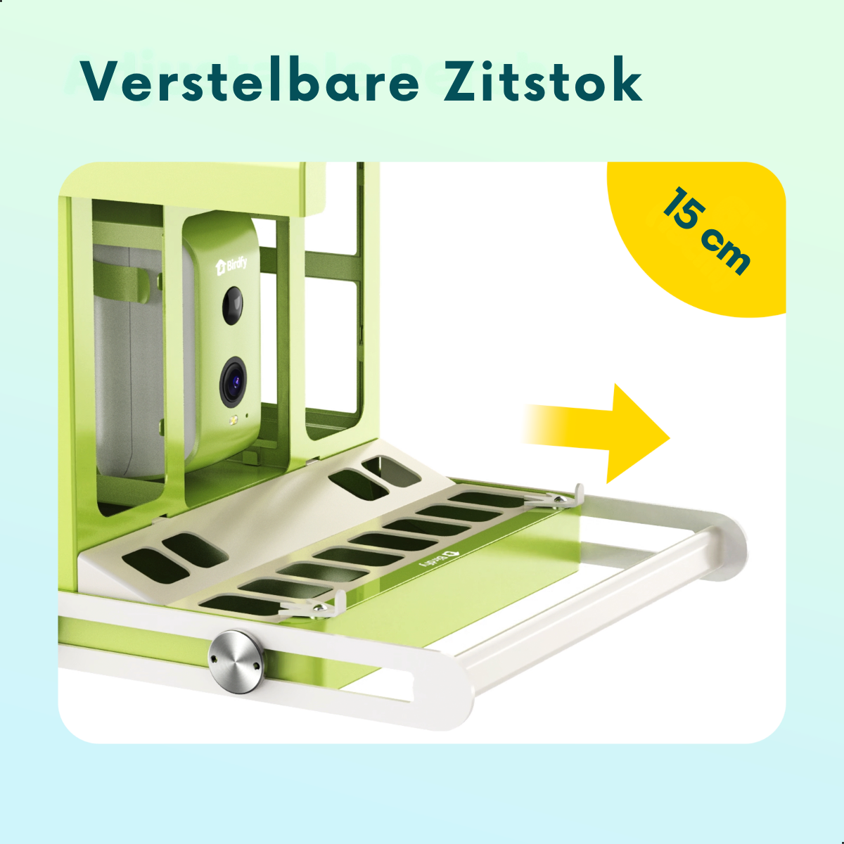 Soporte verde para comedero de pájaros con cámara y marca de 15 cm.