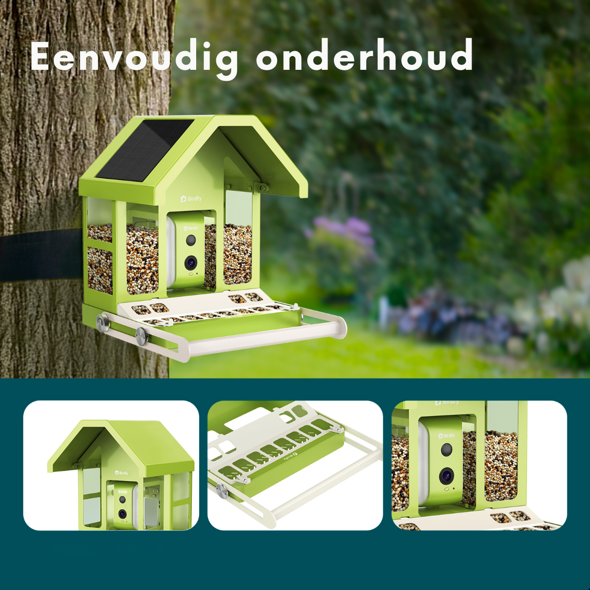 Un comedero para pájaros verde con panel solar y cámara cuelga de un árbol.