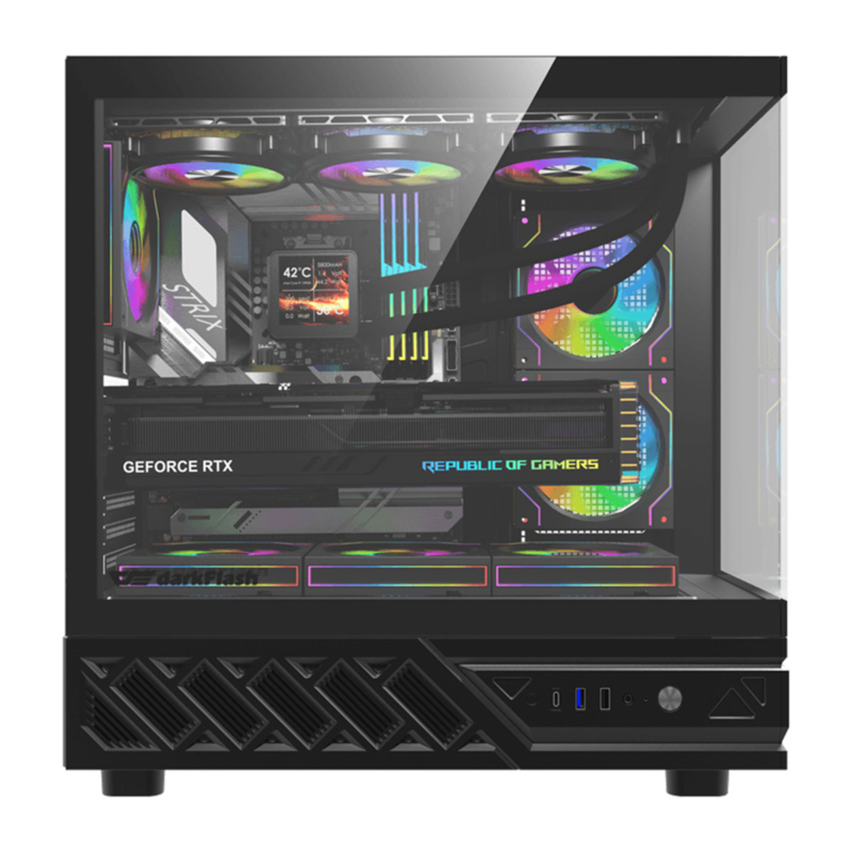 Ein schwarzes PC-Gehäuse mit RGB-Beleuchtung, sichtbaren Komponenten und Glasfenstern.