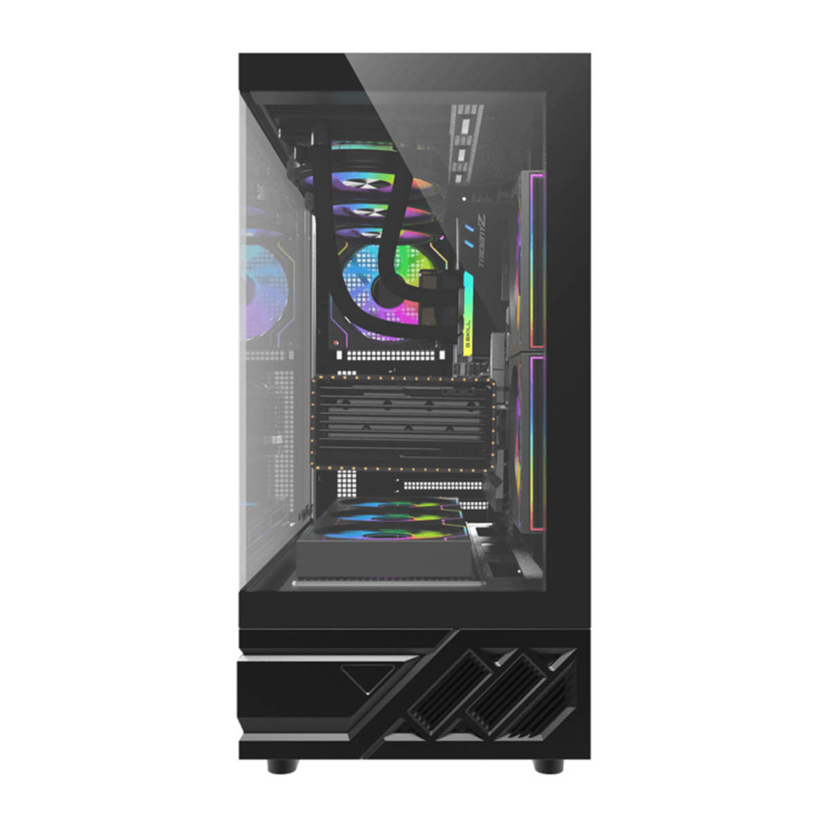 Schwarzer Computerturm mit Glasseitenteil, der RGB-Lüfter und Komponenten zeigt.