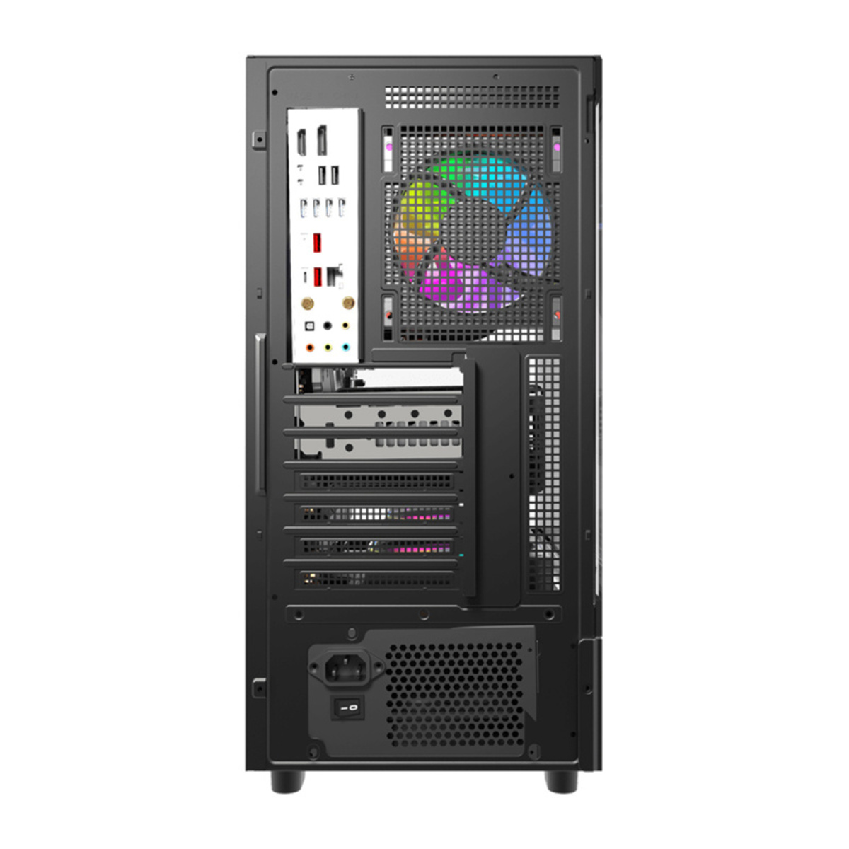 Rückseite eines schwarzen Computergehäuses mit Lüfter, Anschlüssen und Netzteil.