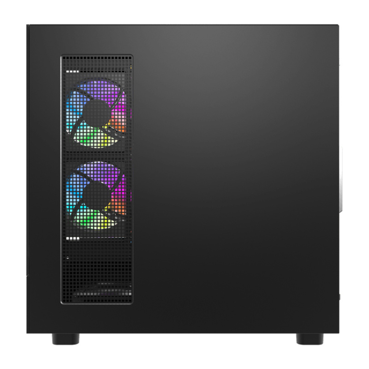 Schwarzes Computergehäuse mit zwei RGB-Lüftern an der Vorderseite.