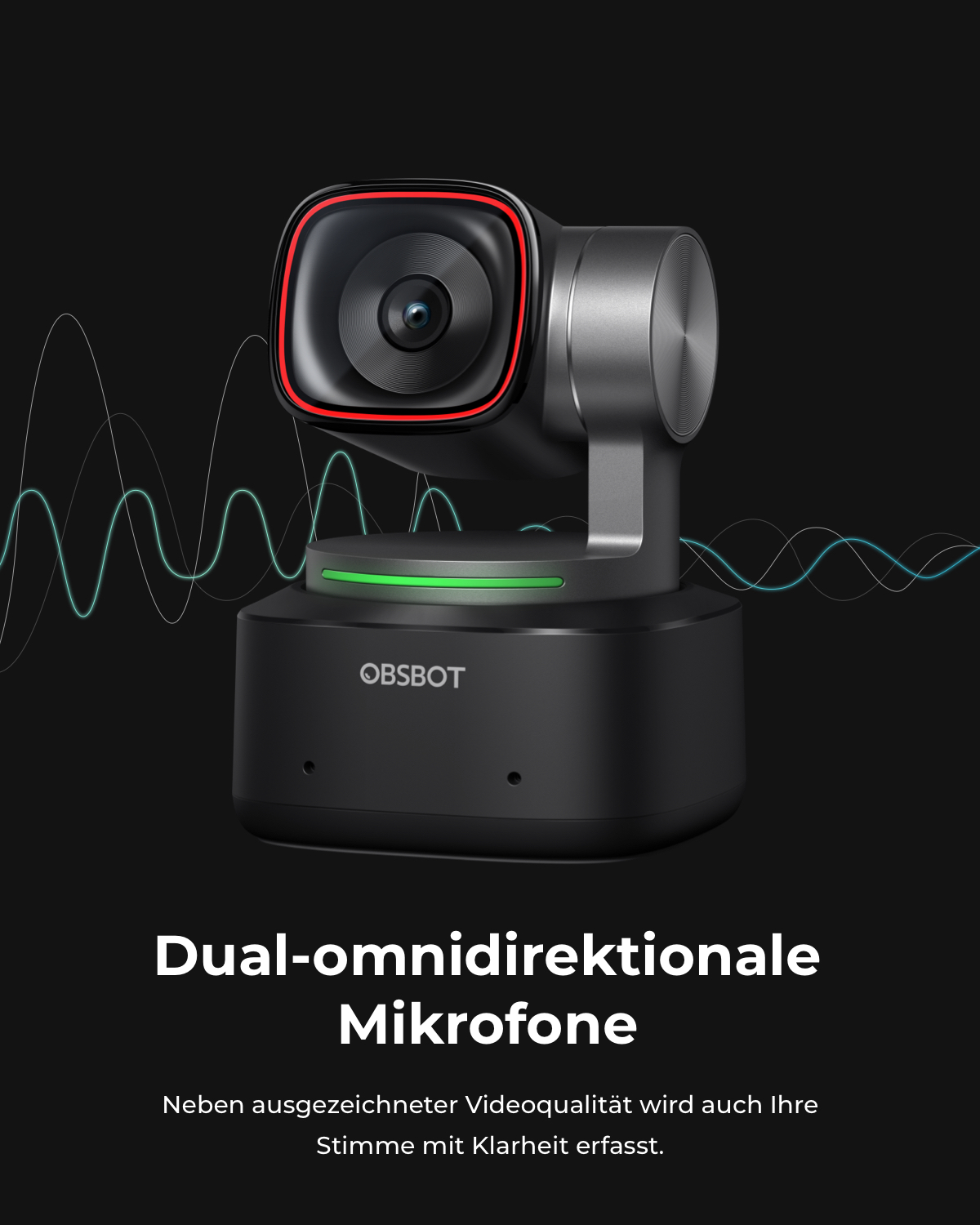 Czarny mikrofon OBSBOT z czerwonym pierścieniem i zieloną diodą LED. Linie faliste w tle.