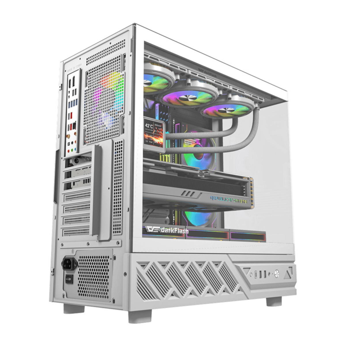 Weißes PC-Gehäuse mit RGB-Lüftern, GPU und kleinem Display, das 42°C anzeigt.