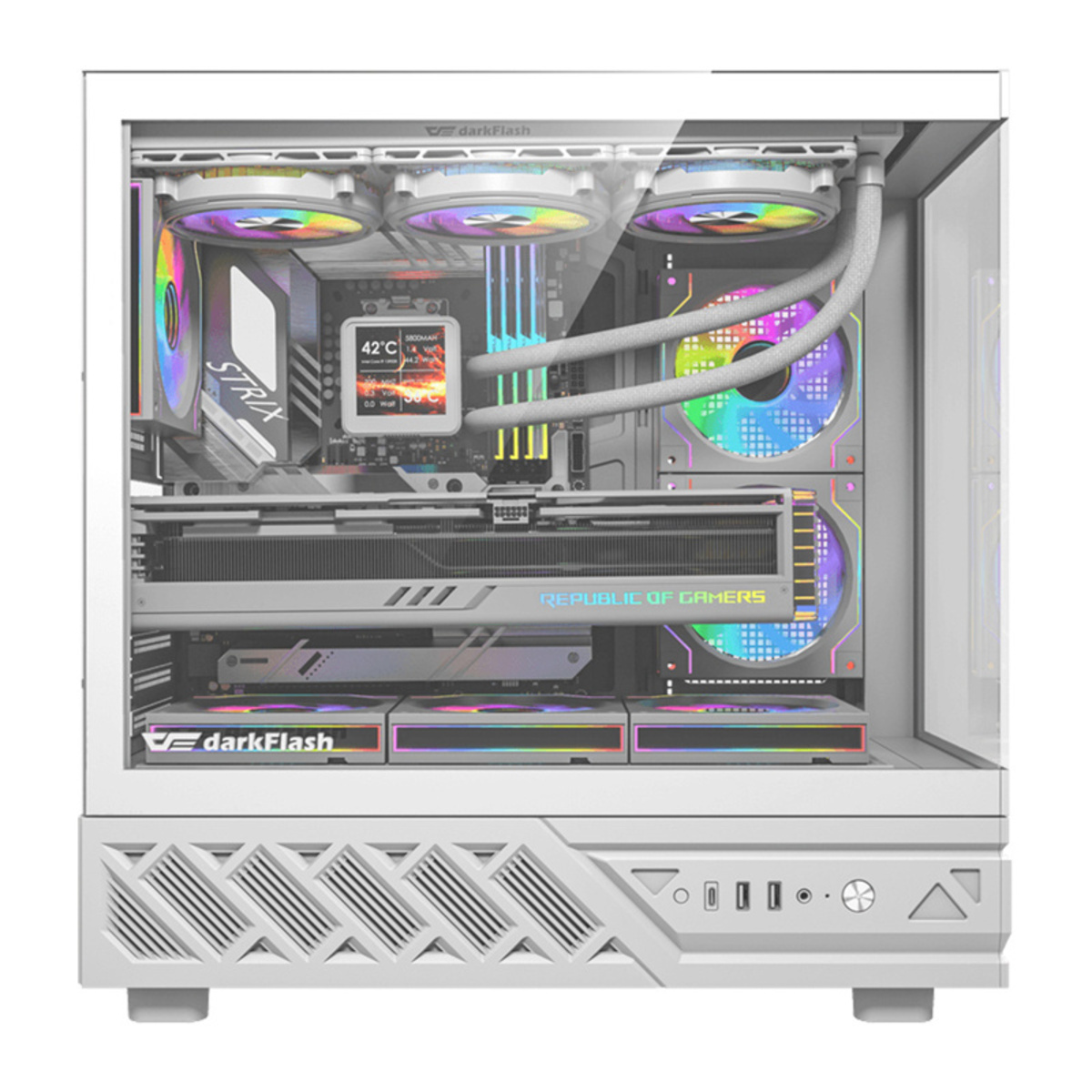 Weißer PC mit RGB-Lüftern und Lichtern. Verfügt über ein Digitaldisplay und eine Grafikkarte.