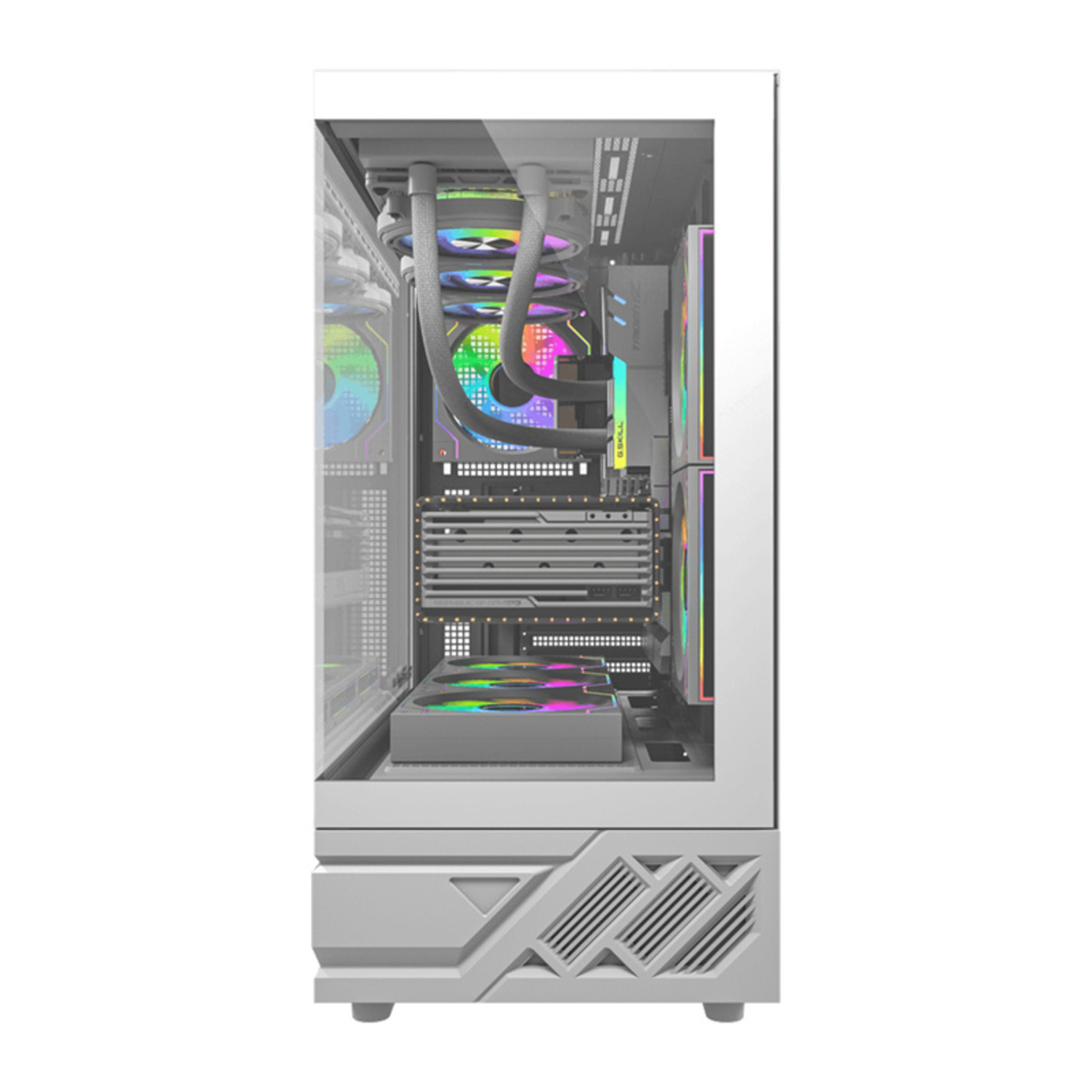 Ein weißer PC-Gehäuse-Innenraum mit RGB-Lüftern, Wasserkühlung und Komponenten.