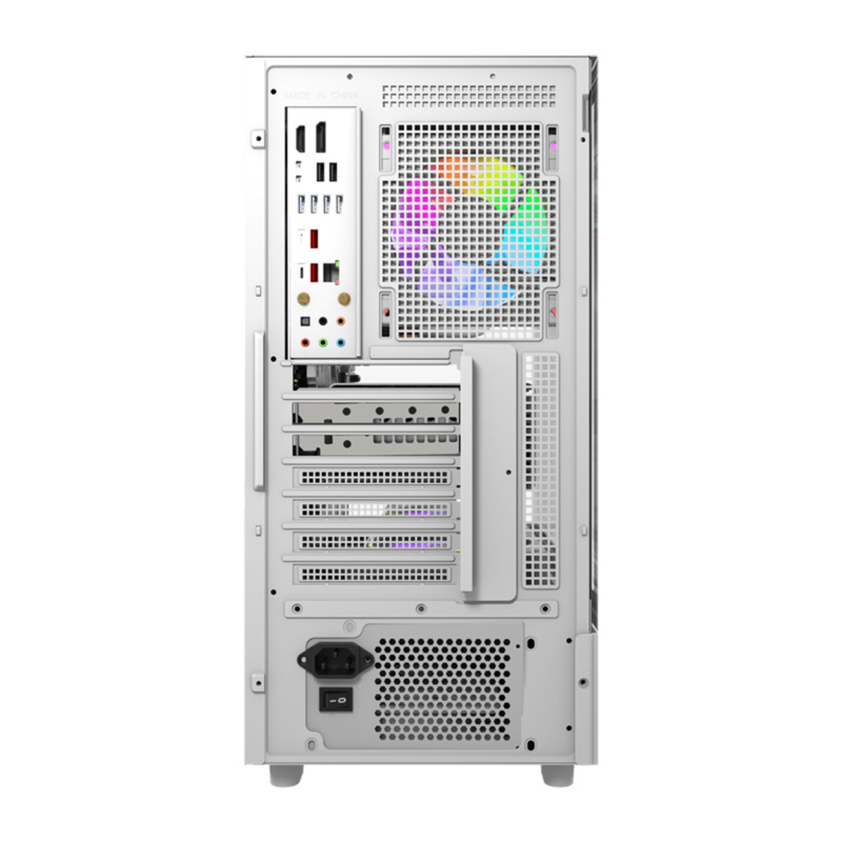 Rückansicht eines weißen PC-Gehäuses mit Anschlüssen und RGB-Lüfter.