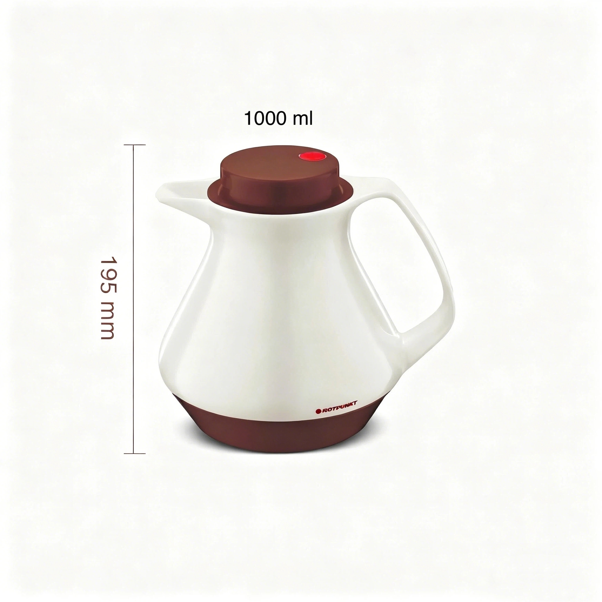 Weiße Thermoskanne mit braunem Deckel, 195mm hoch, 1000ml Kapazität.