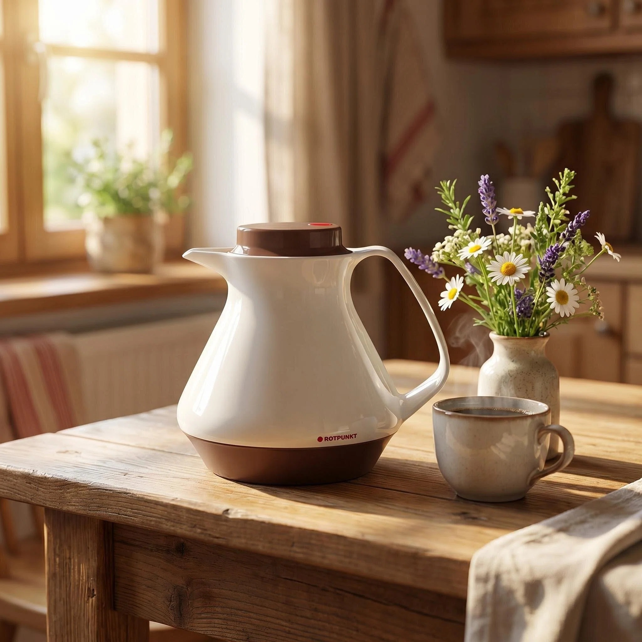 Eine weiße Thermoskanne mit braunem Deckel steht auf einem Holztisch neben einer Kaffeetasse und Blumen.