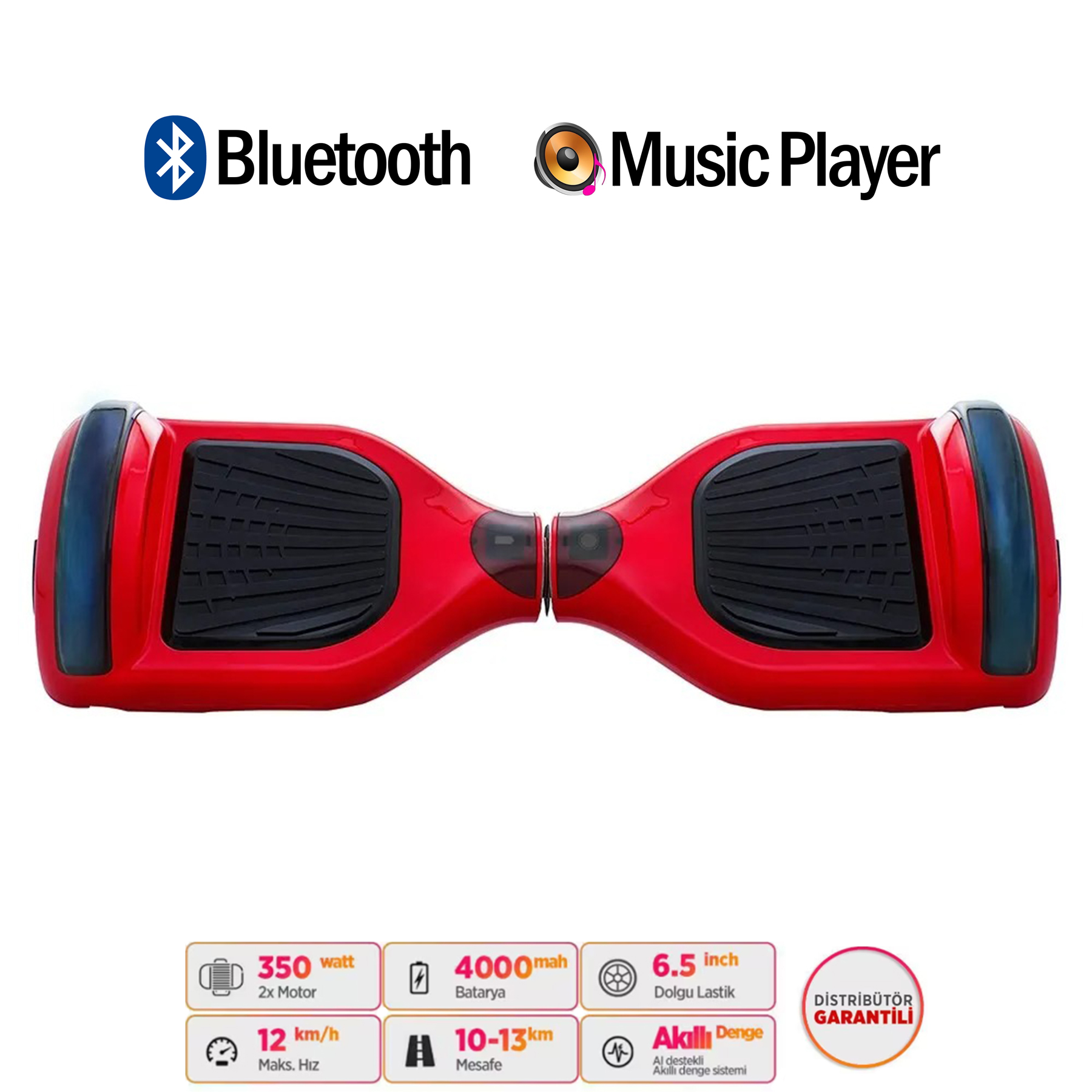Bluetooth ve müzik çalarlı kırmızı bir hoverboard.