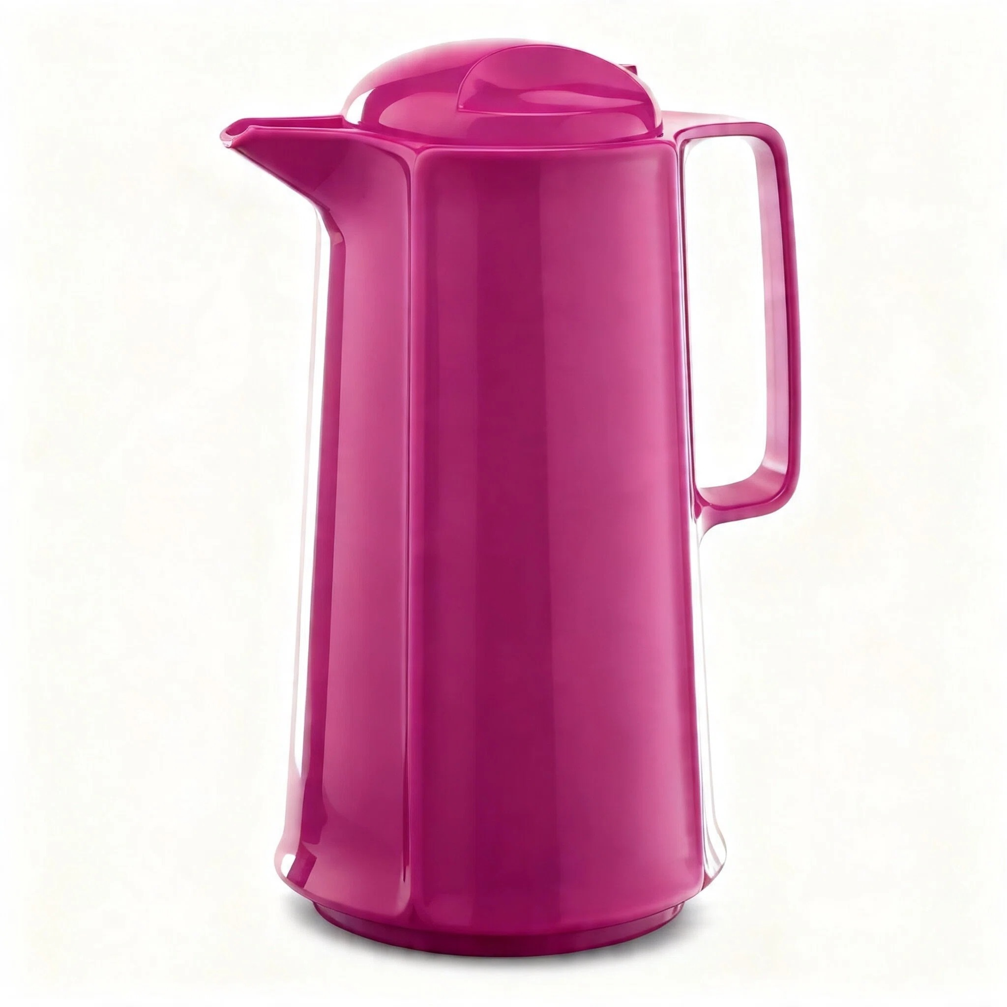 Eine leuchtend pinke Thermoskanne mit Griff und Ausguss.