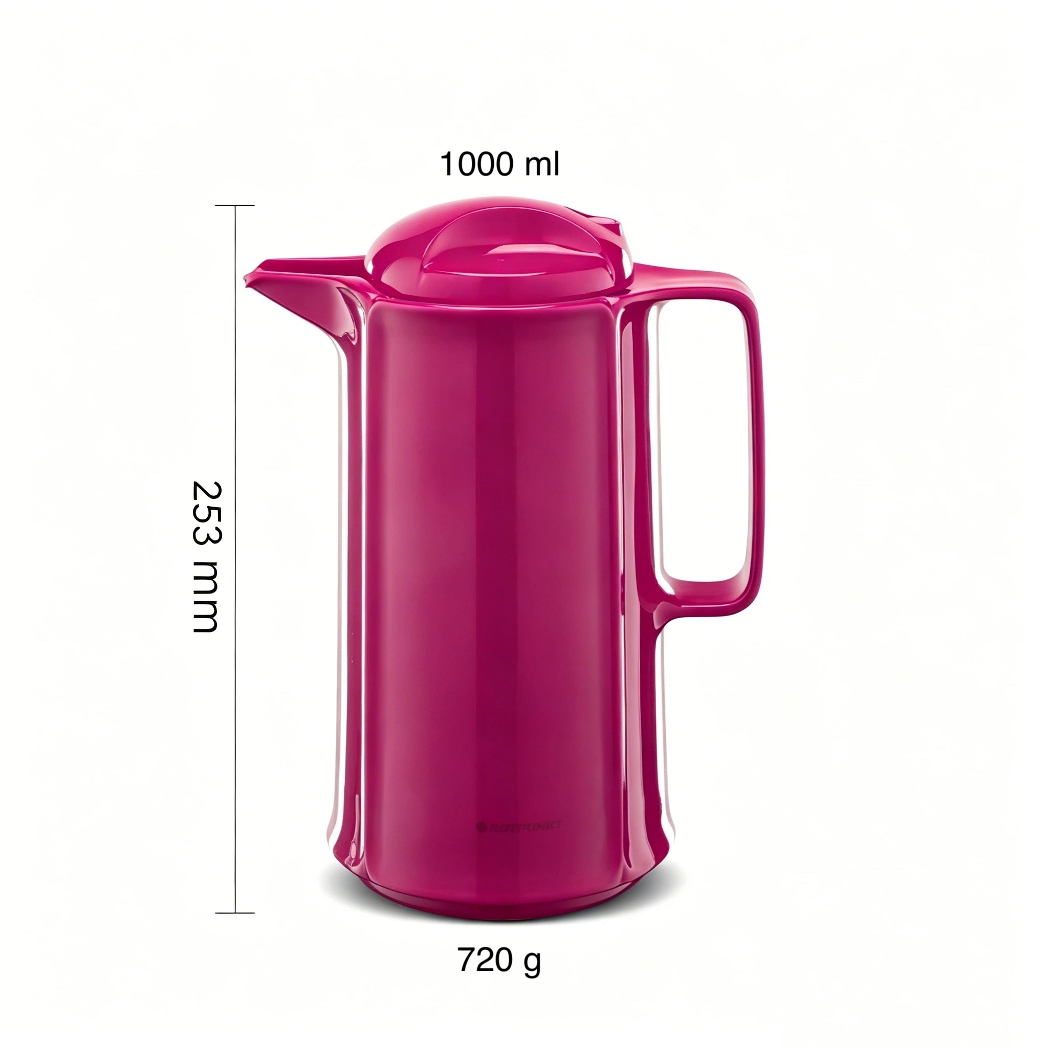 Eine dunkelrote Thermoskanne mit Griff, 25,3 cm hoch, 1000 ml Fassungsvermögen, 720 g.