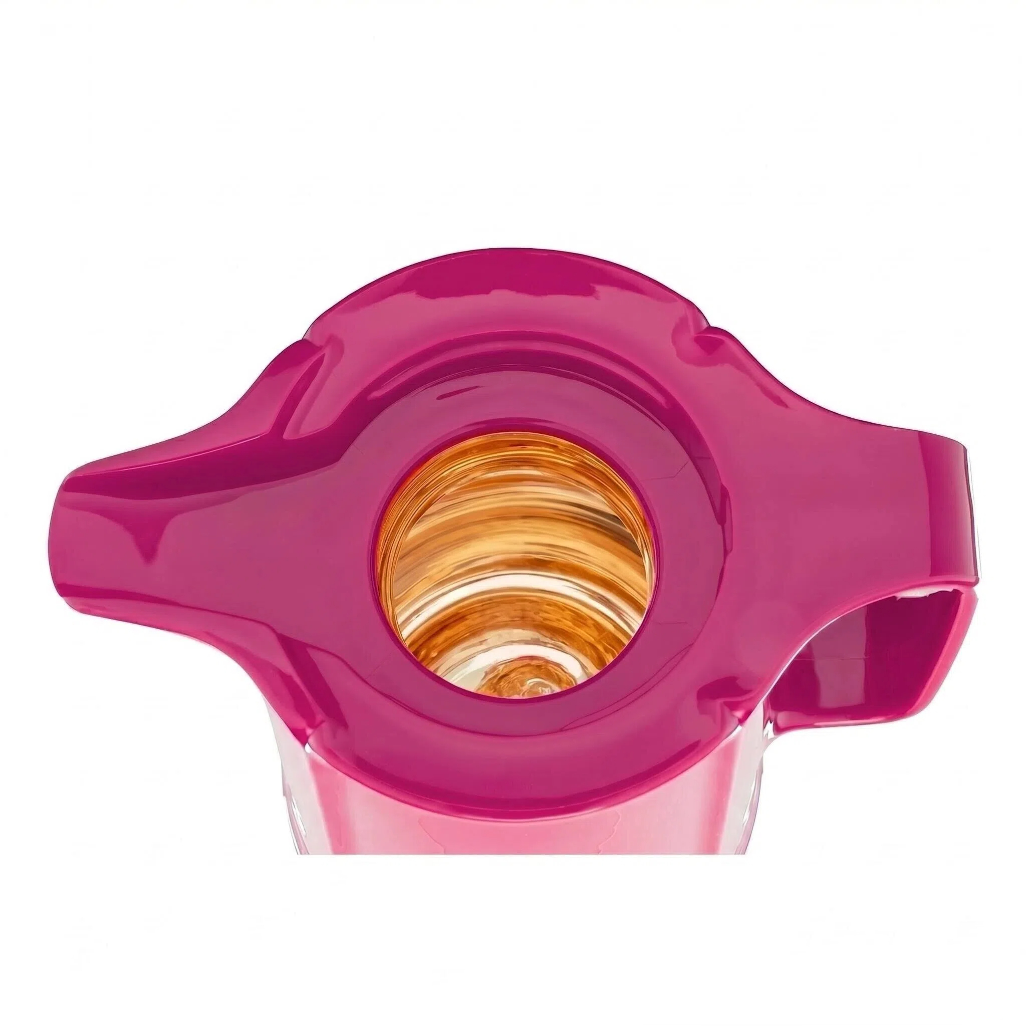 Eine Nahaufnahme eines pinken Thermoskannenverschlusses mit goldenem Innenteil.